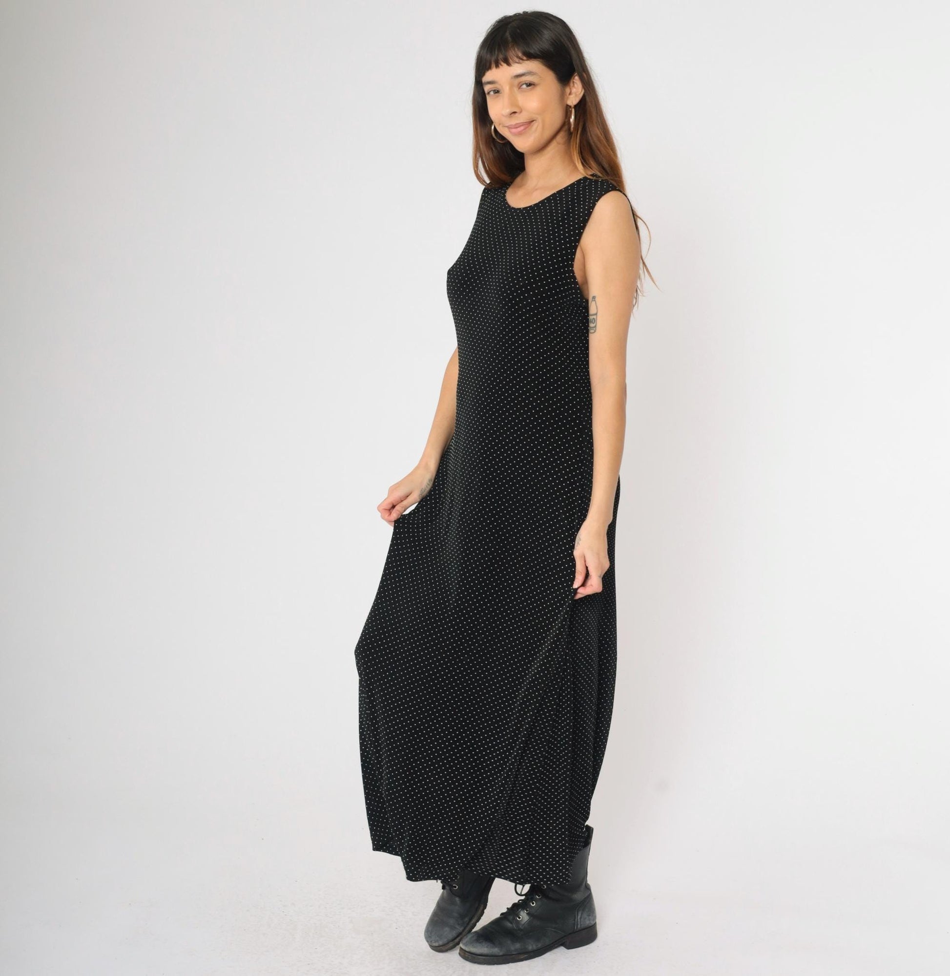 90s Ronni Nicole Black Polka Dot Maxi Dress Sleeveless Round Neck Large 14