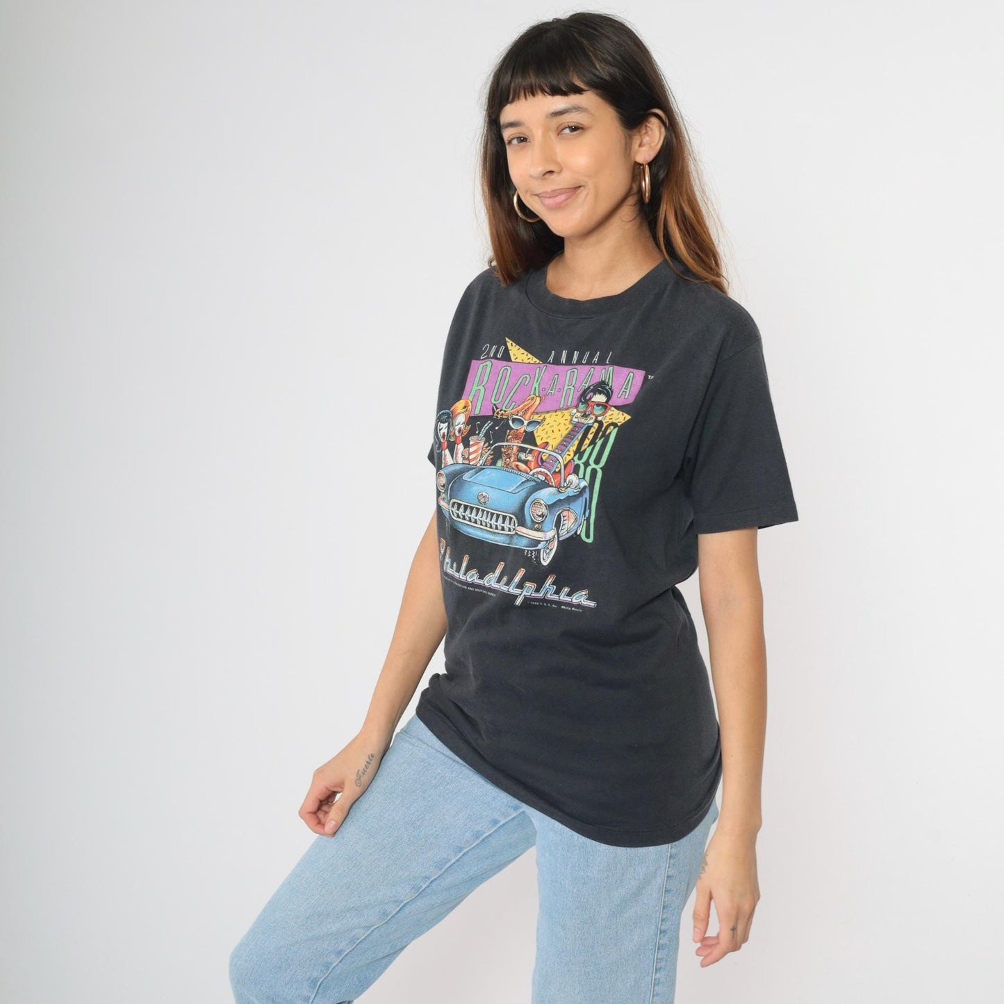 80s Rock-a-Rama Philadelphia Graphic T-Shirt Black Rockabilly Car Small