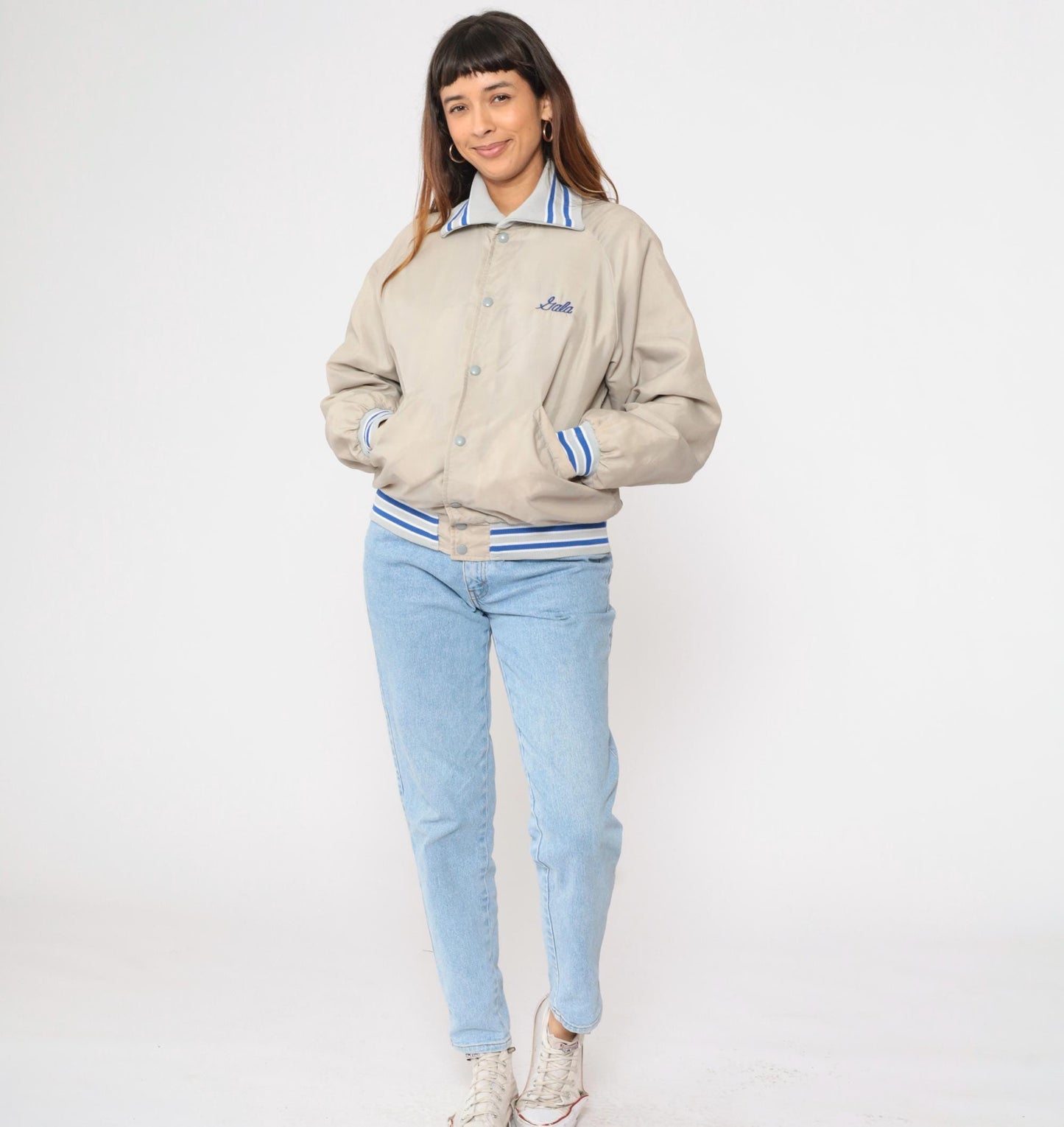 80s Butwin Veterinary Clinic Bomber Jacket Beige Royal Blue Snap Medium