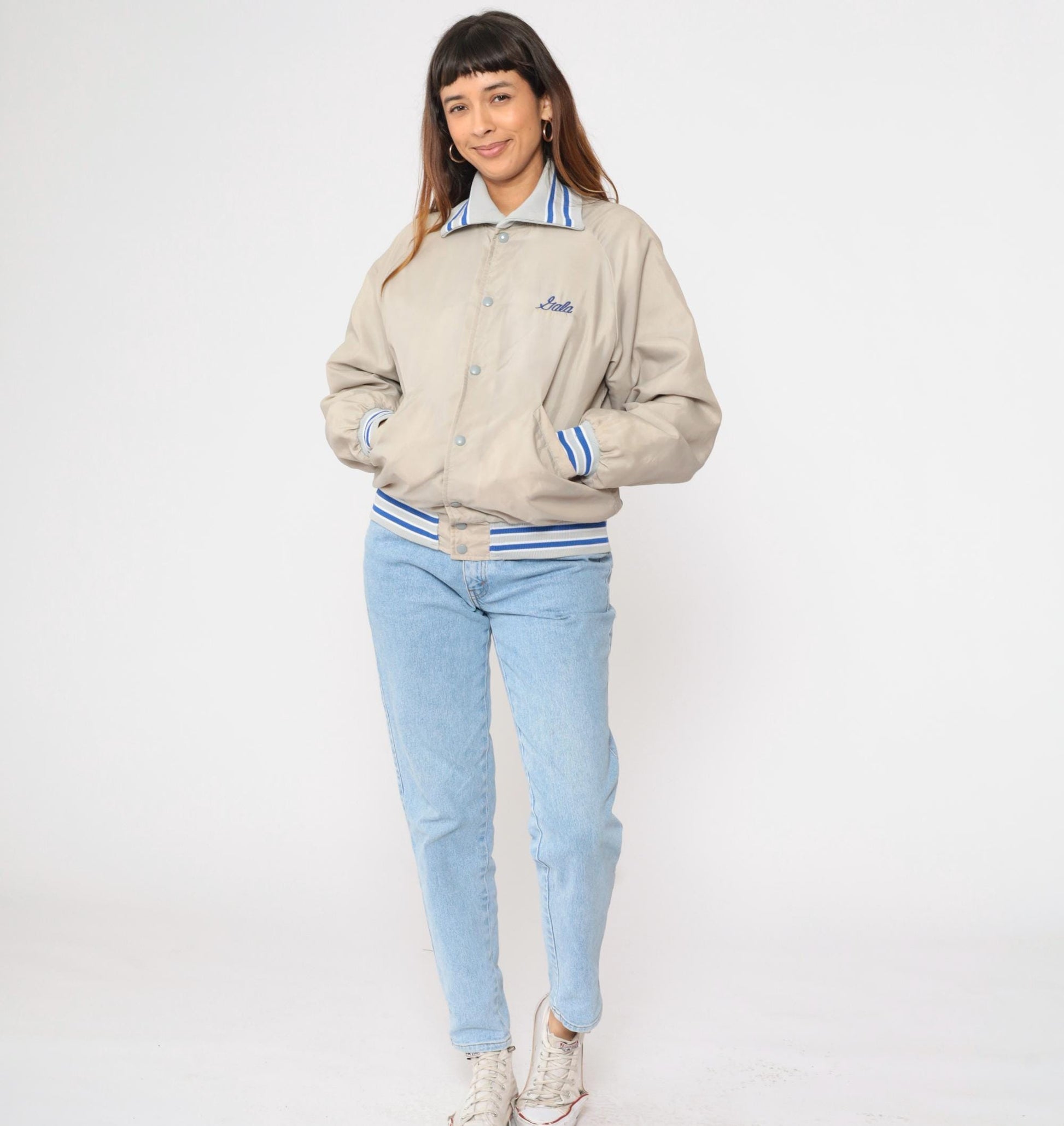 80s Butwin Veterinary Clinic Bomber Jacket Beige Royal Blue Snap Medium