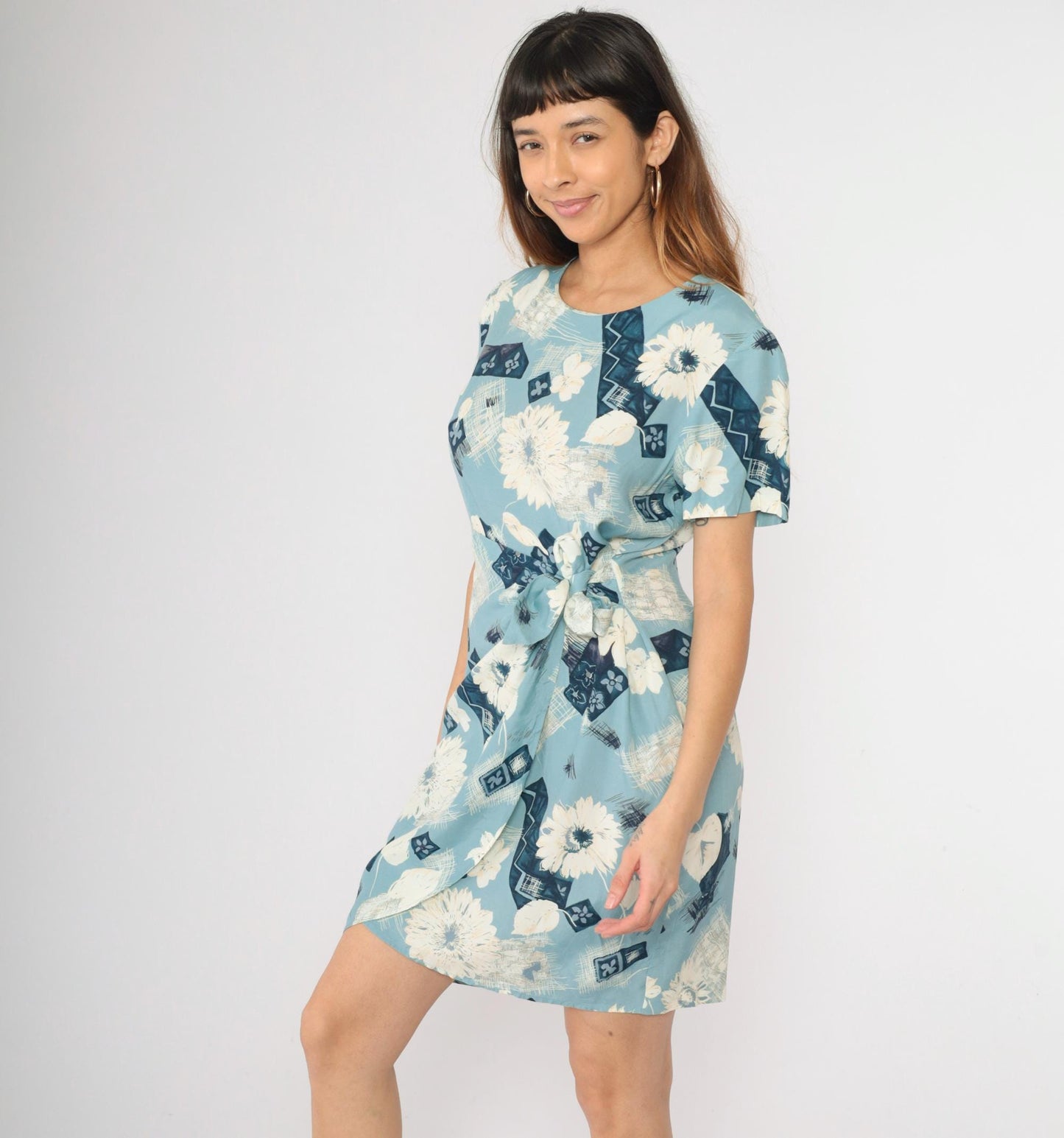 90s Karin Stevens Floral Mini Dress Blue Wrap Tie Rayon Short Sleeve Medium