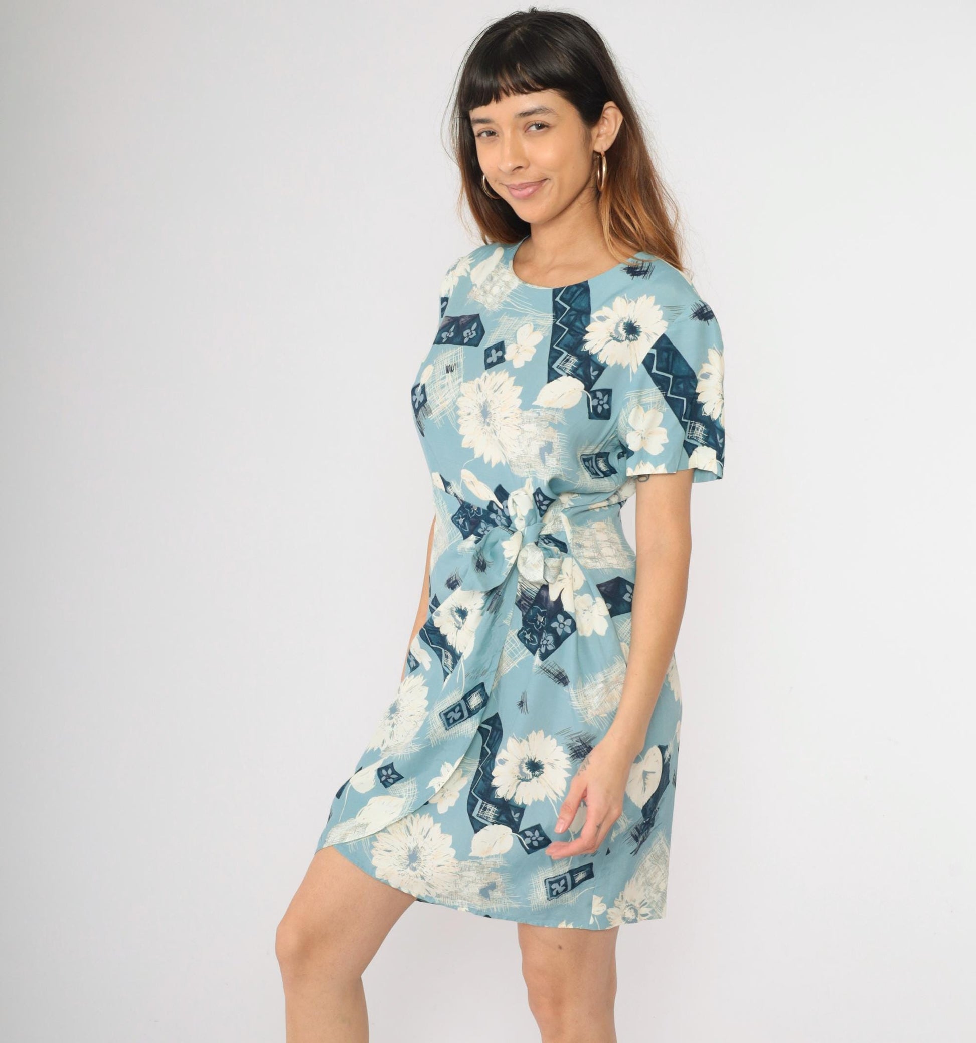 90s Karin Stevens Floral Mini Dress Blue Wrap Tie Rayon Short Sleeve Medium