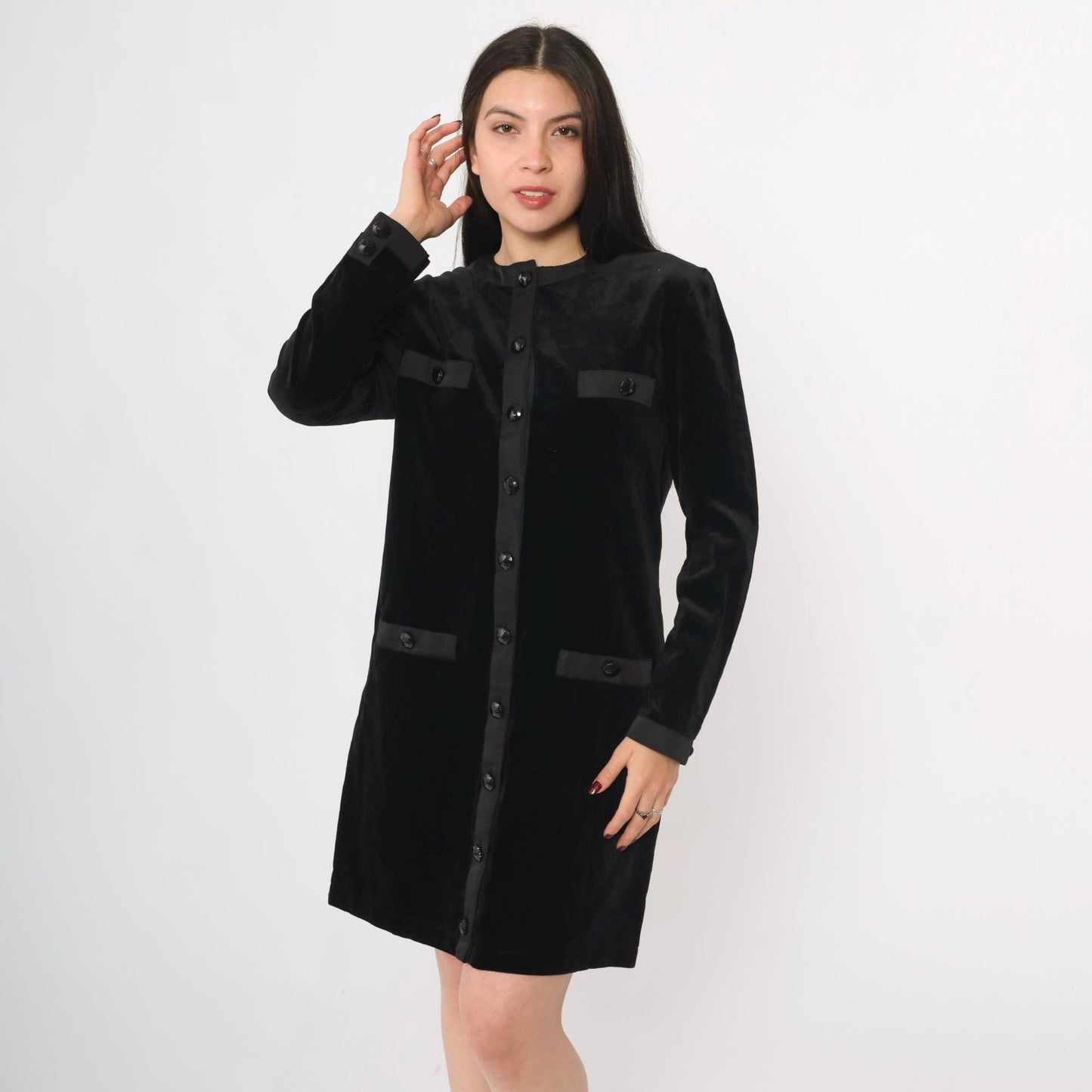 80s Black Velvet Jacket Dress Mini Button-Up Long Sleeve Medium