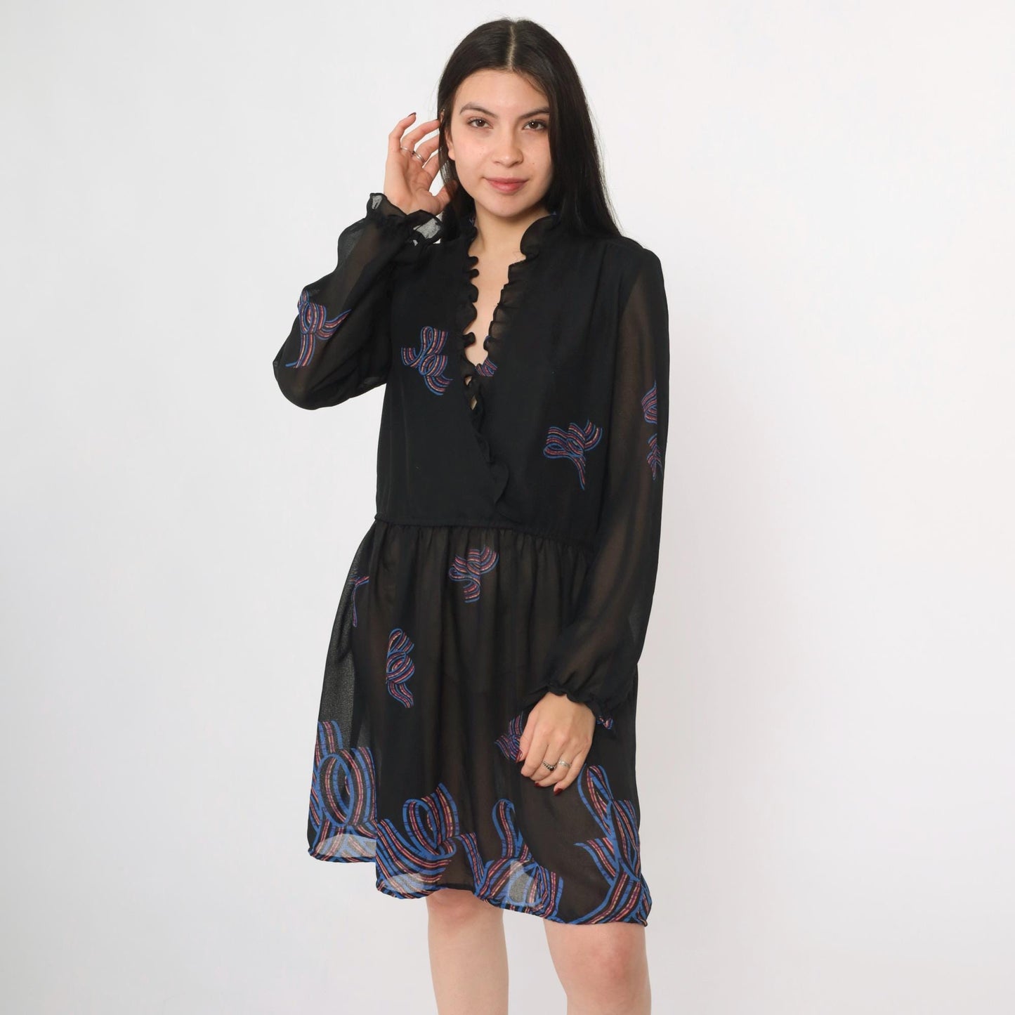 70s Diane Von Furstenberg Black Sheer Mini Dress Ribbon Bow Ruffle Neck Medium