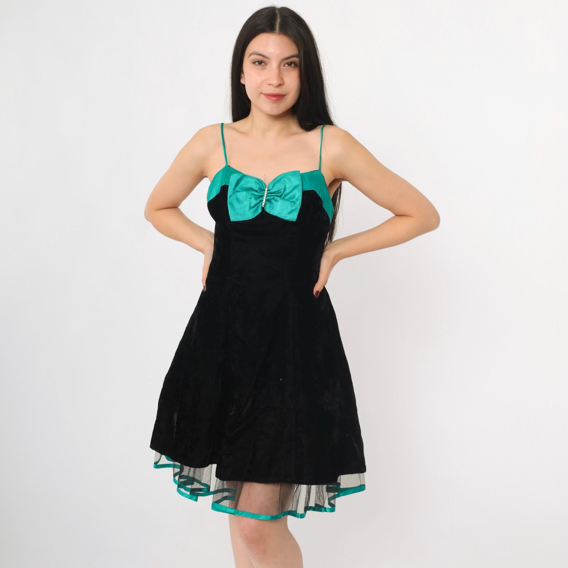 80s Black Velvet Mini Dress Teal Bow Sweetheart Neckline Spaghetti Strap Extra Small