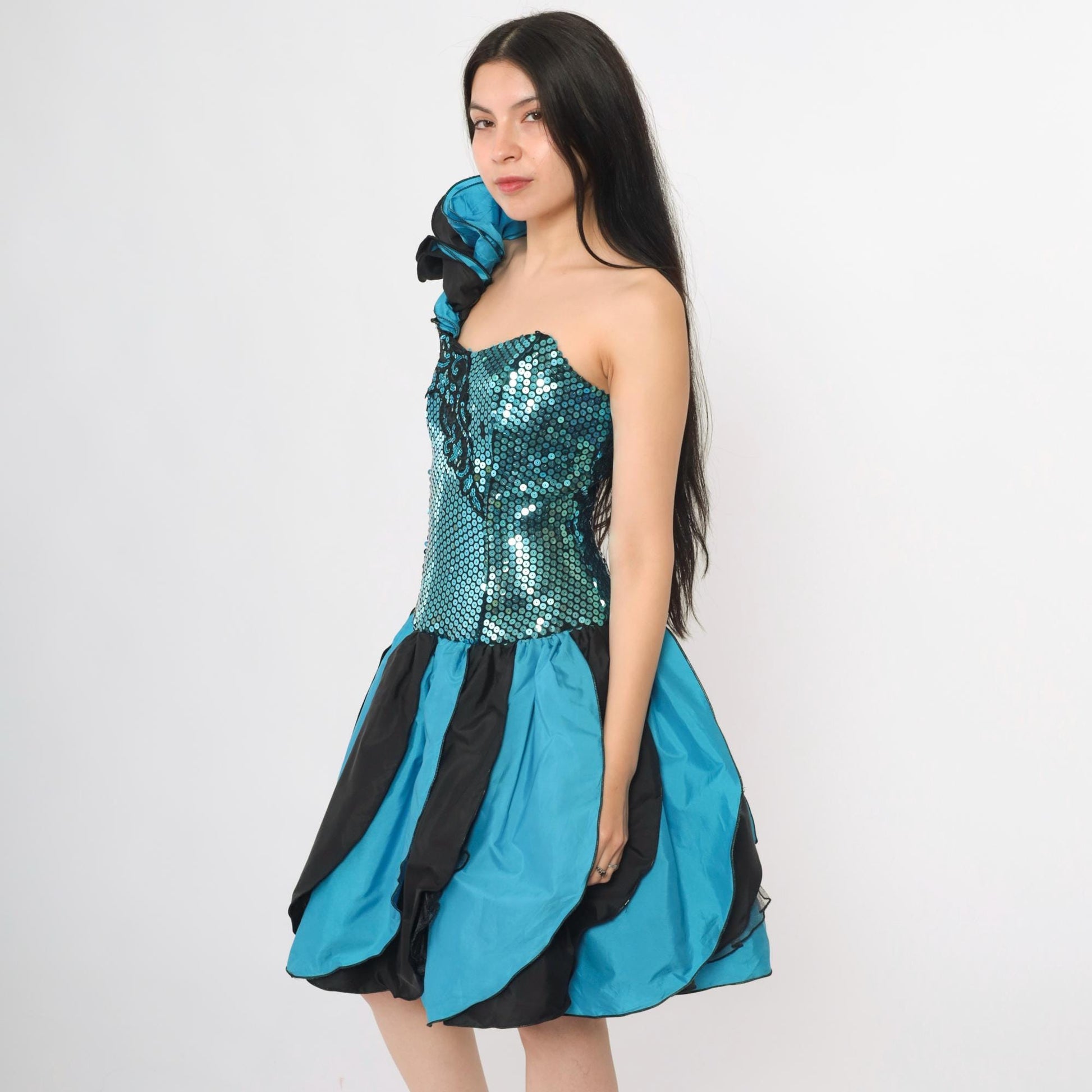 80s J Reynolds Designs Turquoise Sequin Strapless Dress Balloon Skirt Small