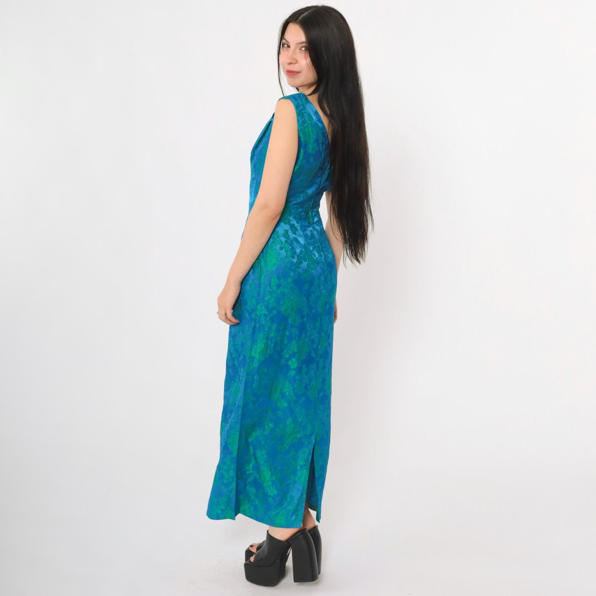 1960s Blue Green Floral Jacquard Maxi Dress V Neck Sleeveless Evening Gown Small
