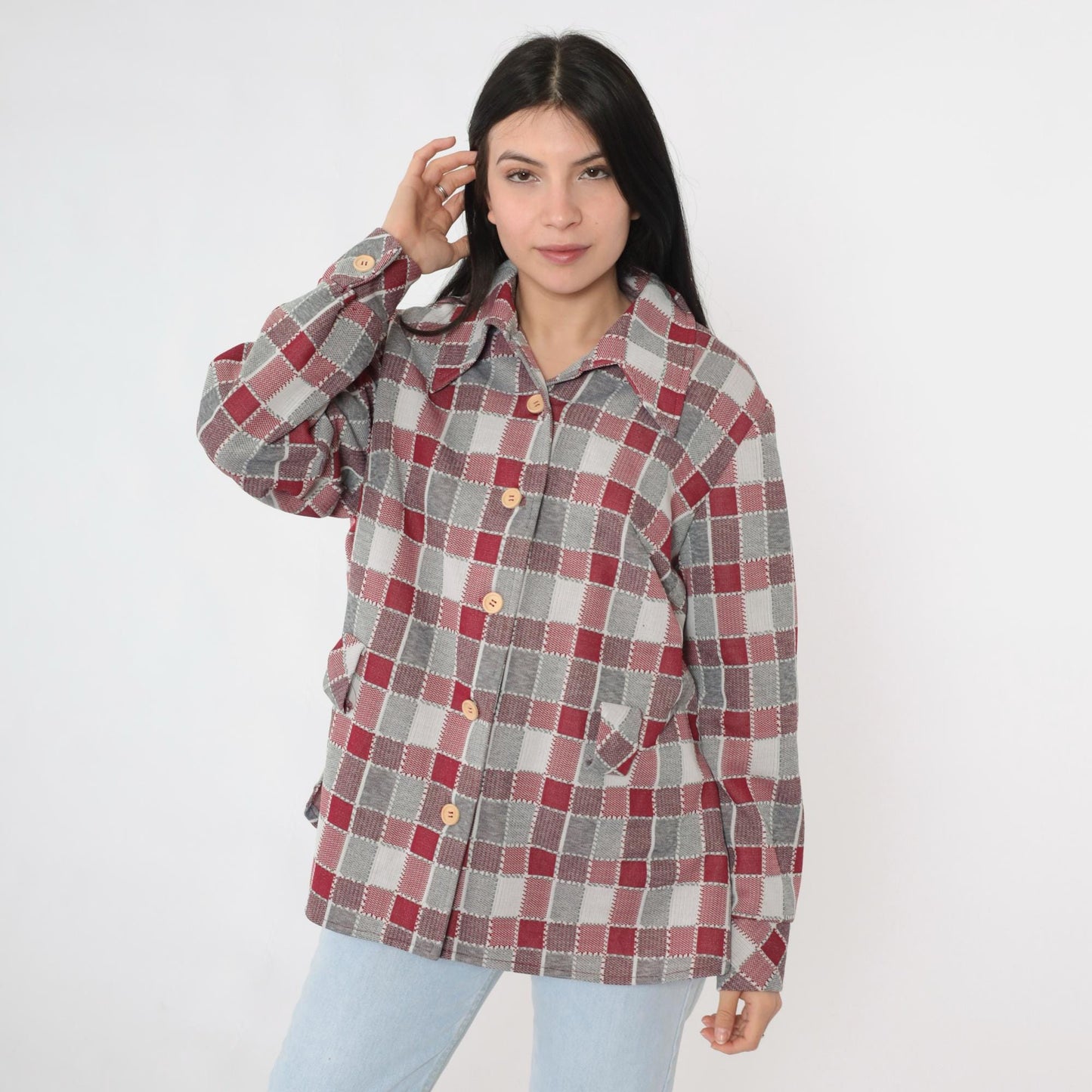 70s Grey Burgundy Plaid Button-Up Shirt Long Sleeve Collared Blouse Extra Large