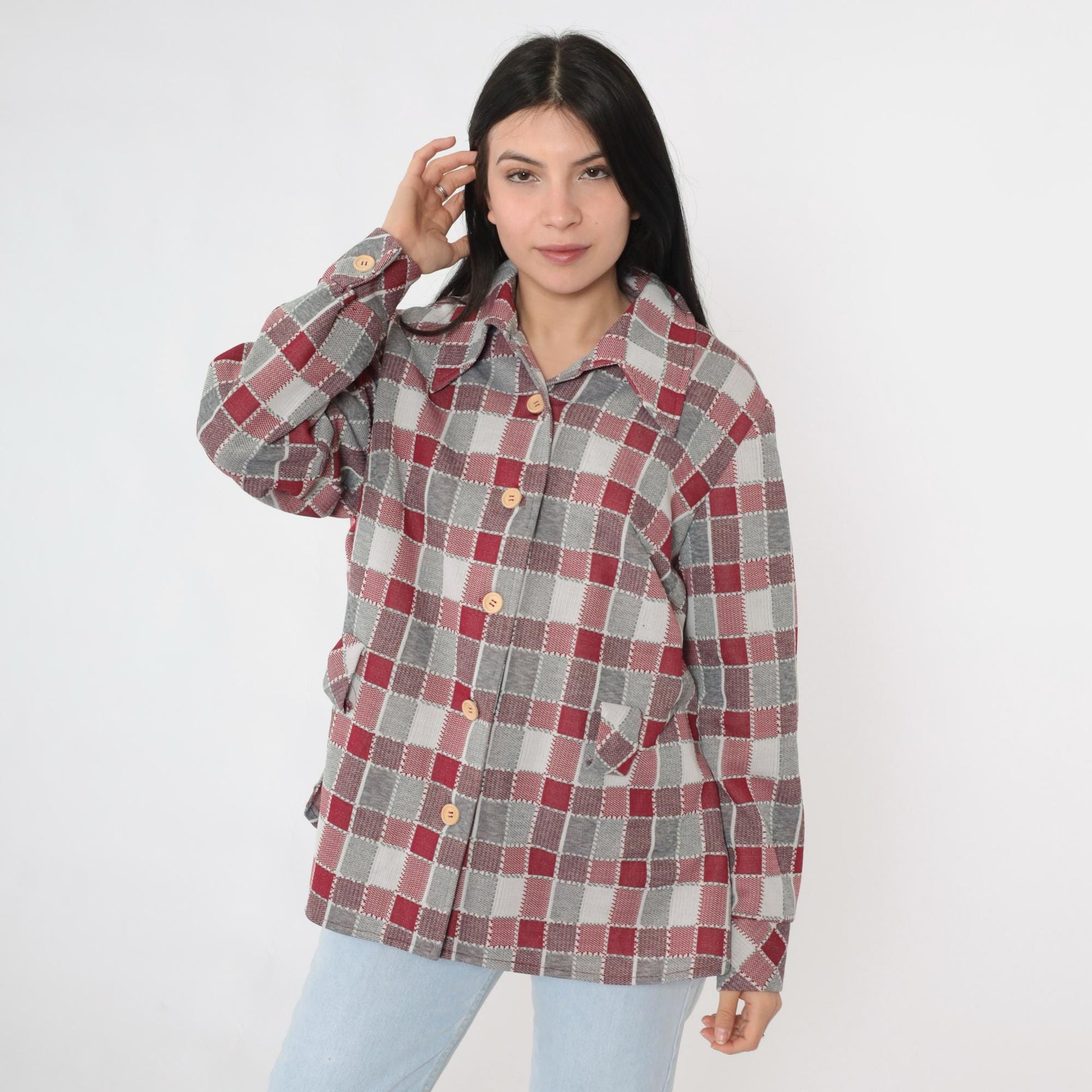 70s Grey Burgundy Plaid Button-Up Shirt Long Sleeve Collared Blouse Extra Large