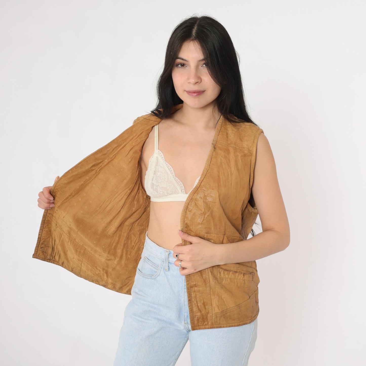 80s Petronio Tan Leather Vest Open Front Utility Large