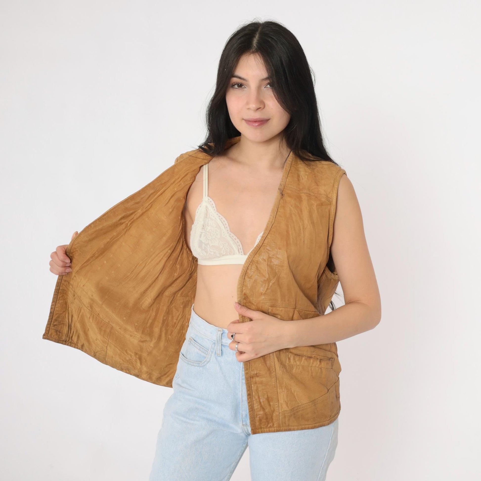 80s Petronio Tan Leather Vest Open Front Utility Large