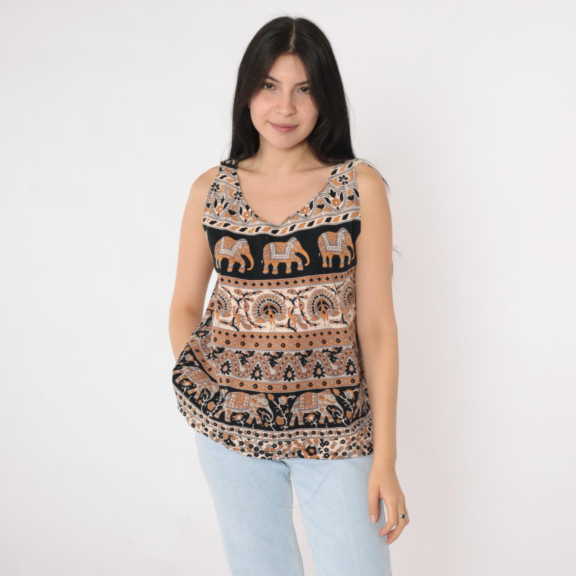 Y2K Elephant Peacock Print Tank Top Scoop Neck Black Orange Medium M