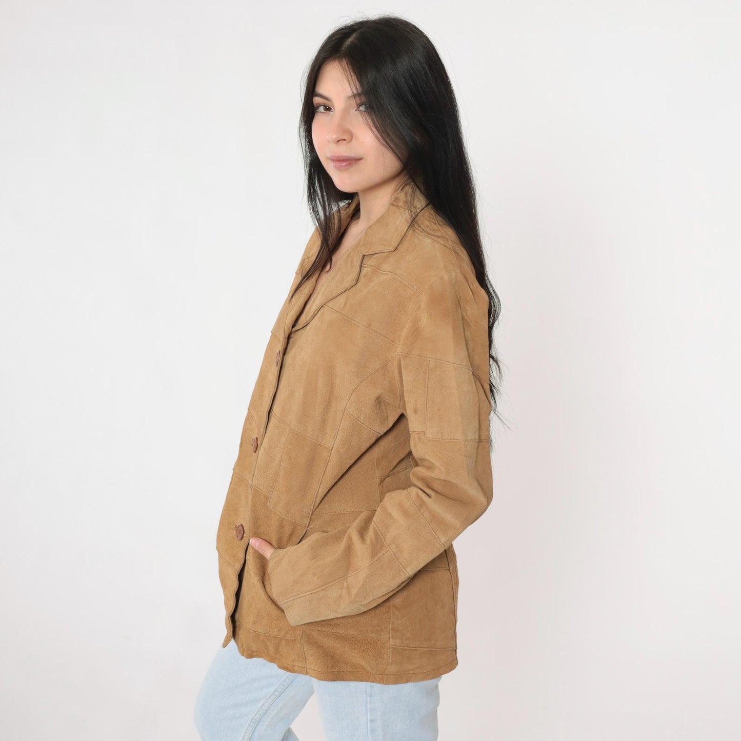 Y2K Tan Suede Leather Jacket Button Front Blazer Medium M