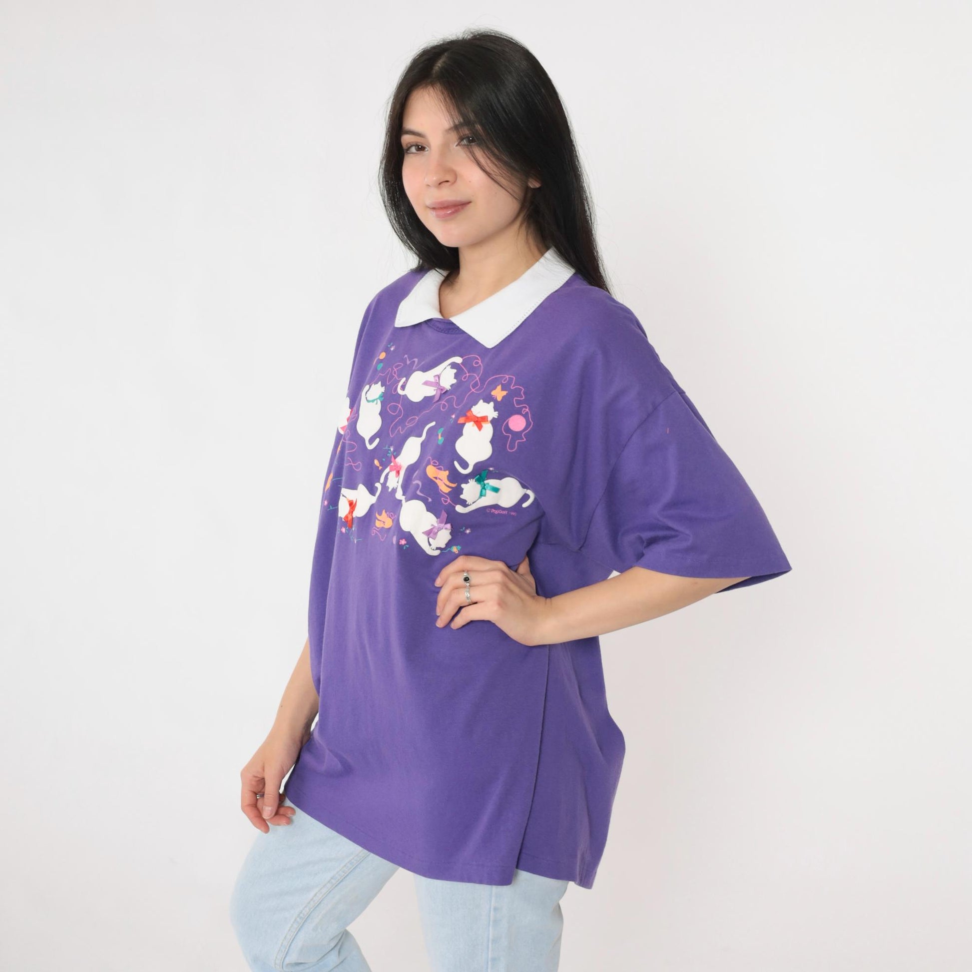 90s Purple Cat Graphic T-Shirt Bow Appliqué Collared Tee Extra Large
