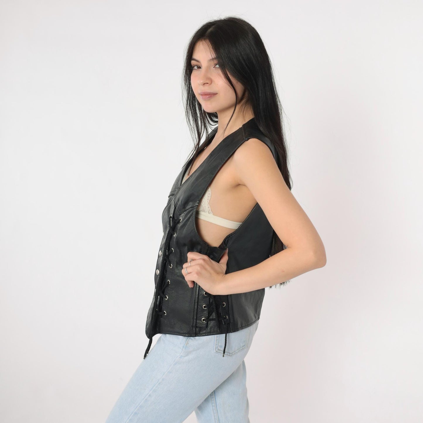 90s Black Leather Lace-Up Vest V-Neck Snap Button Sleeveless Small