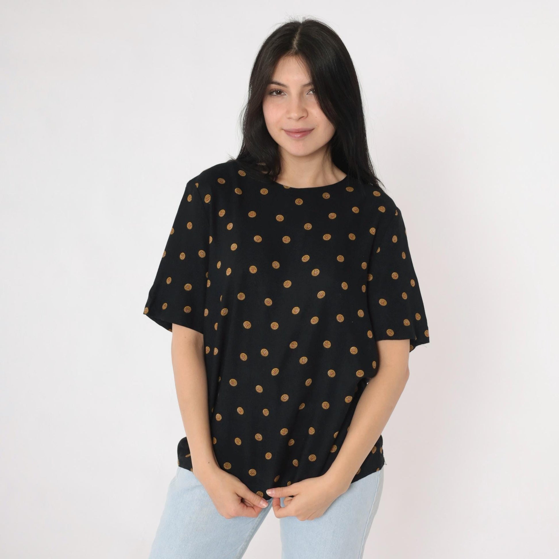 80s Norton McNaughton Black Coin Print Blouse Keyhole Back Medium