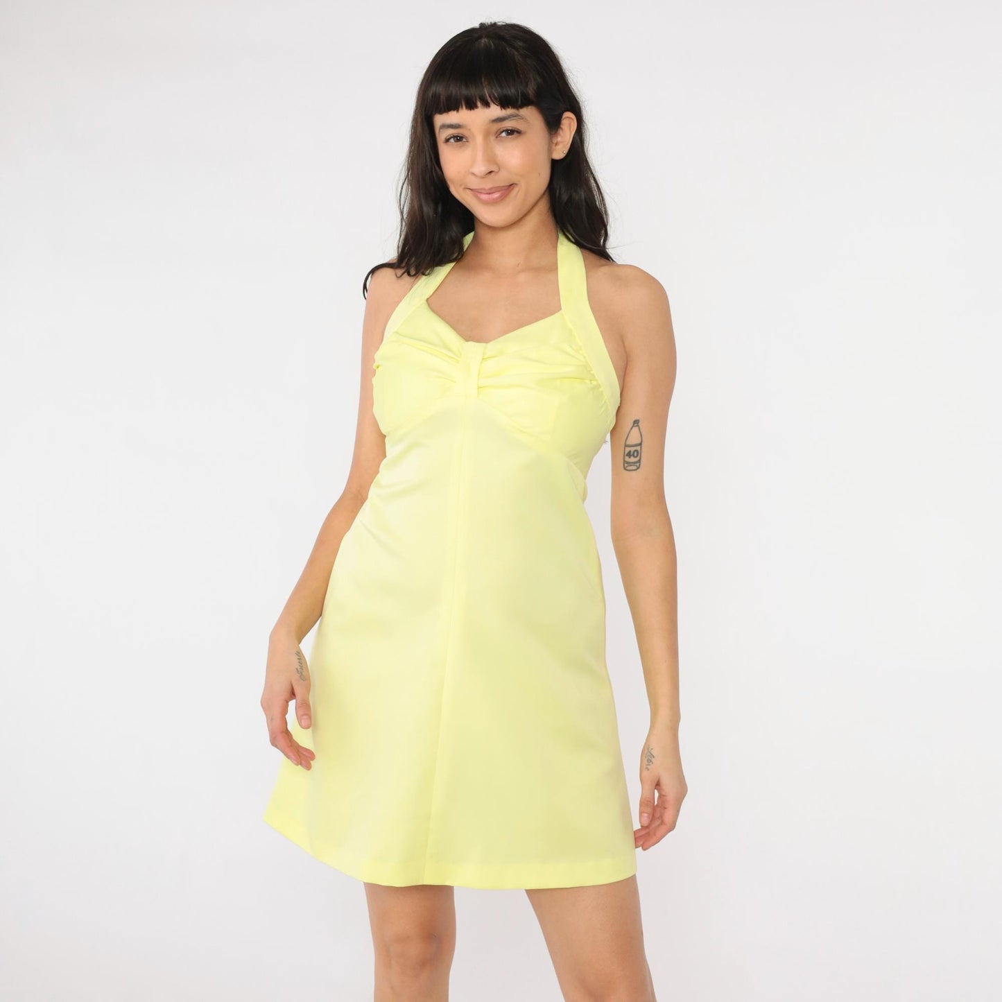 70s Yellow Halter Mini Dress Empire Waist Disco Small