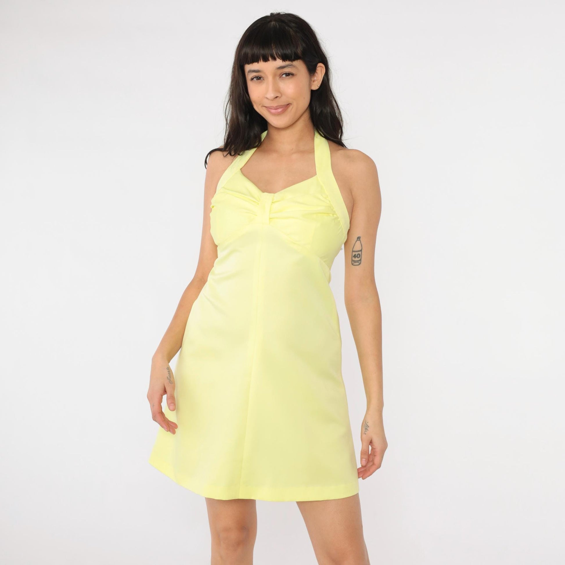 70s Yellow Halter Mini Dress Empire Waist Disco Small