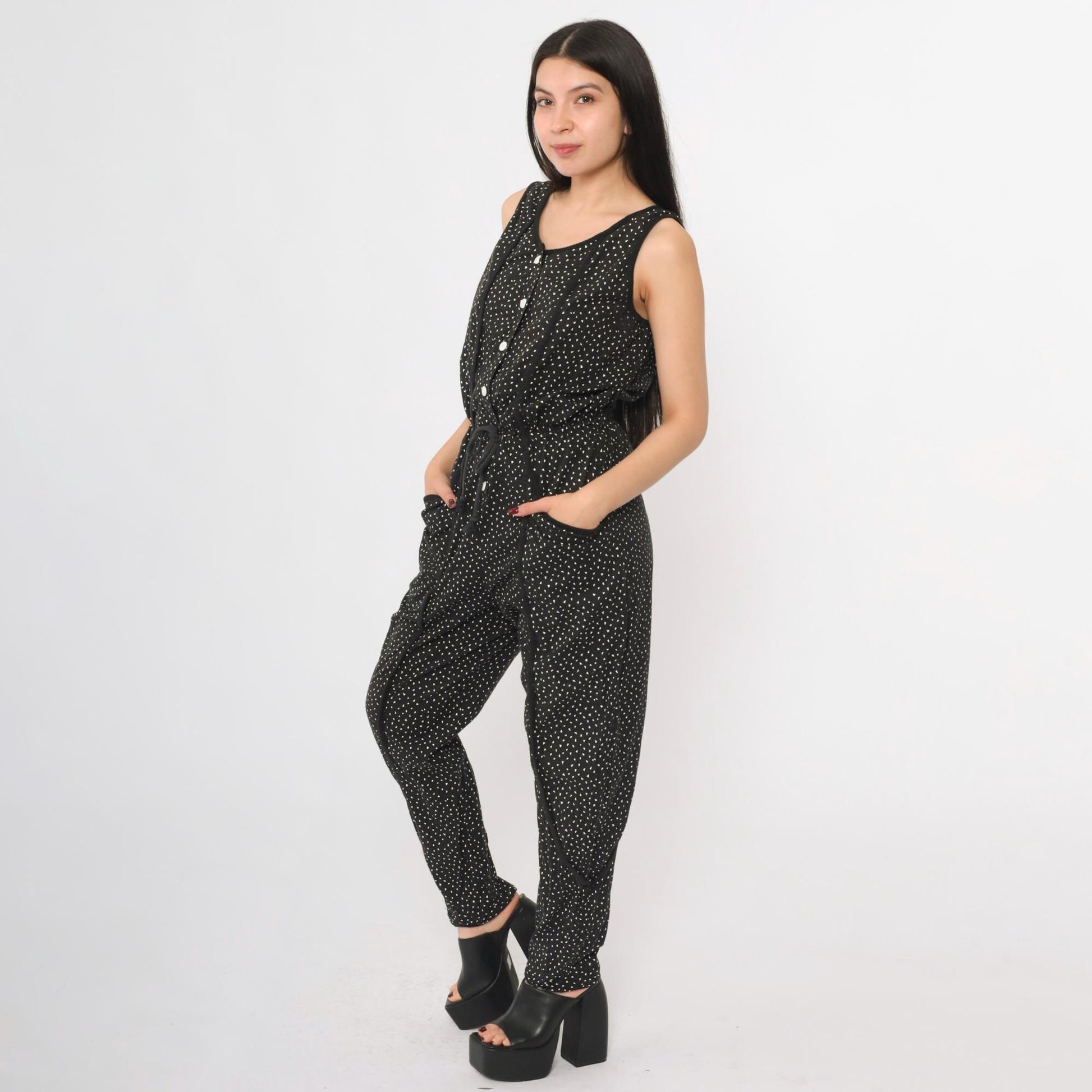 80s La Blanca Black Jumpsuit Confetti Dot Print Sleeveless Button Front Small