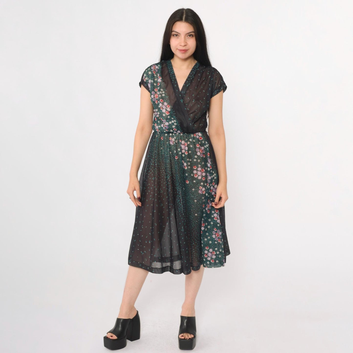 70s Black Floral Sheer Midi Dress Faux Wrap V Neck Cap Sleeve Small