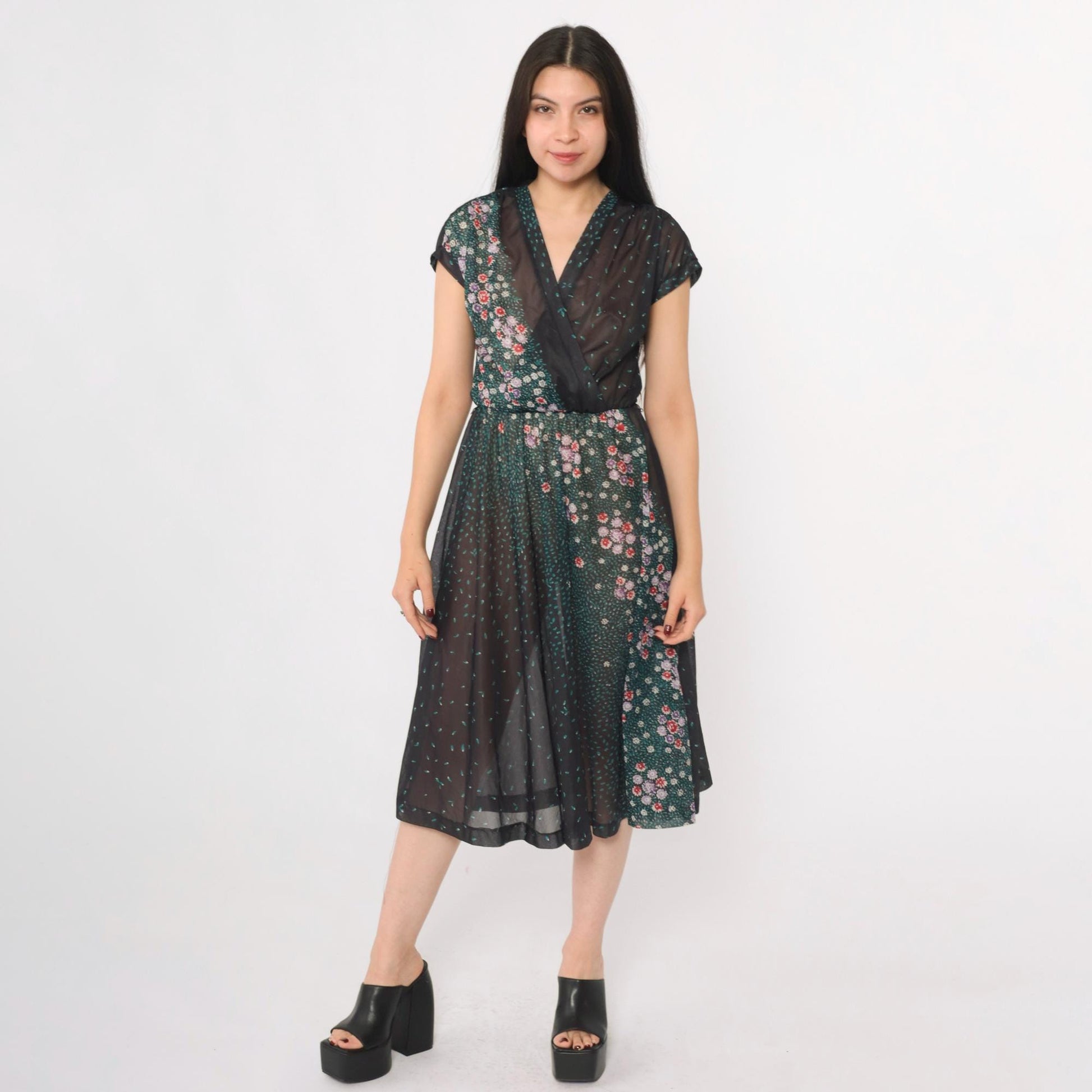 70s Black Floral Sheer Midi Dress Faux Wrap V Neck Cap Sleeve Small