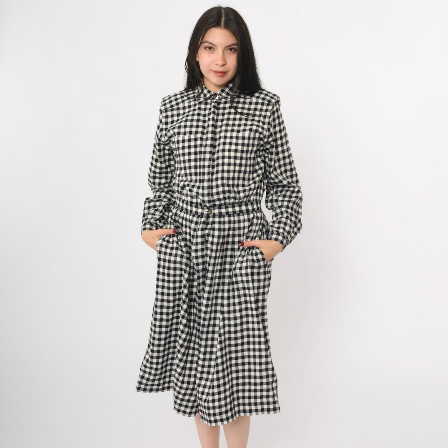 80s Charter Club Gingham Shirt Dress Black White Midi Cotton Small