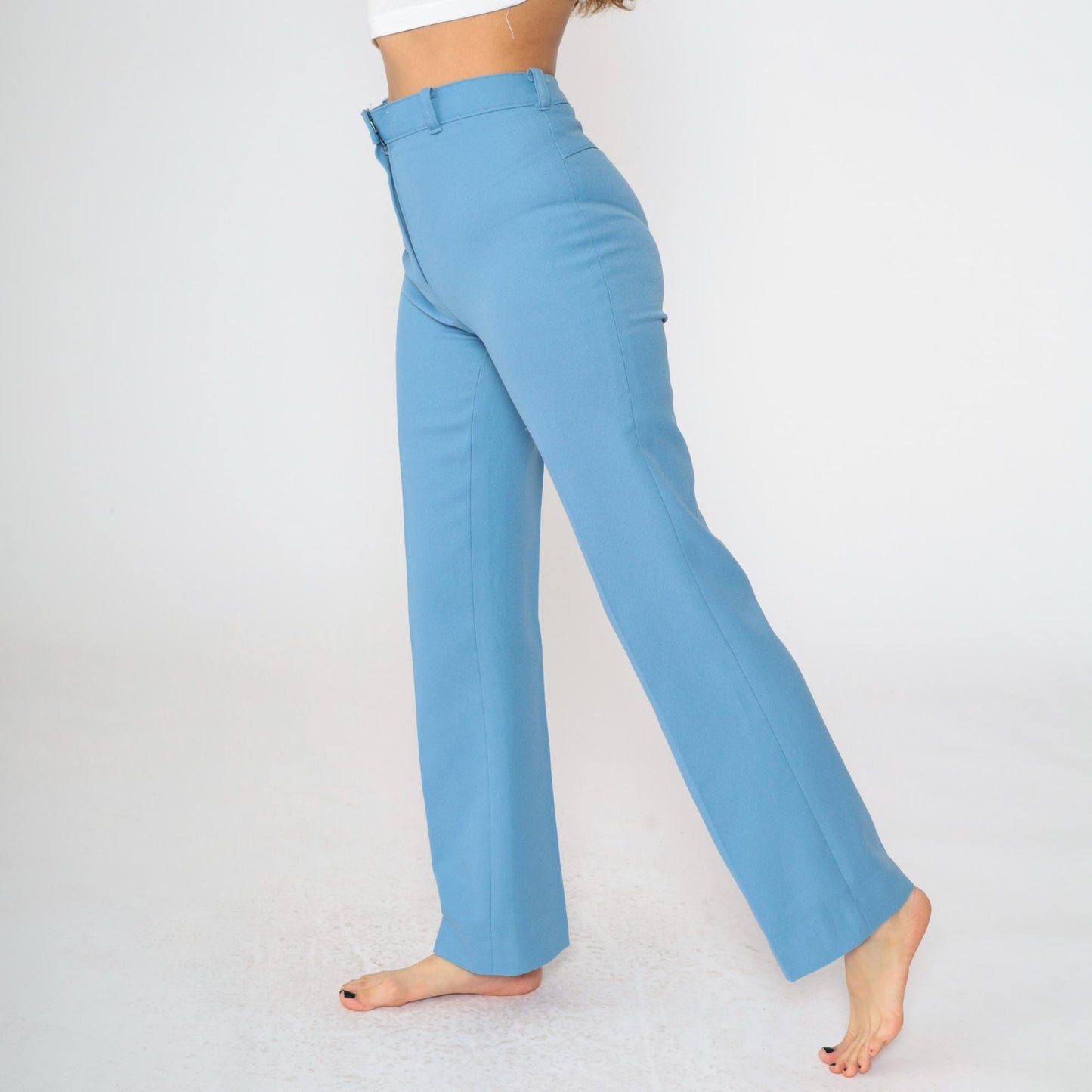 70s Western Straight Leg Trousers Blue High Rise Creased Small