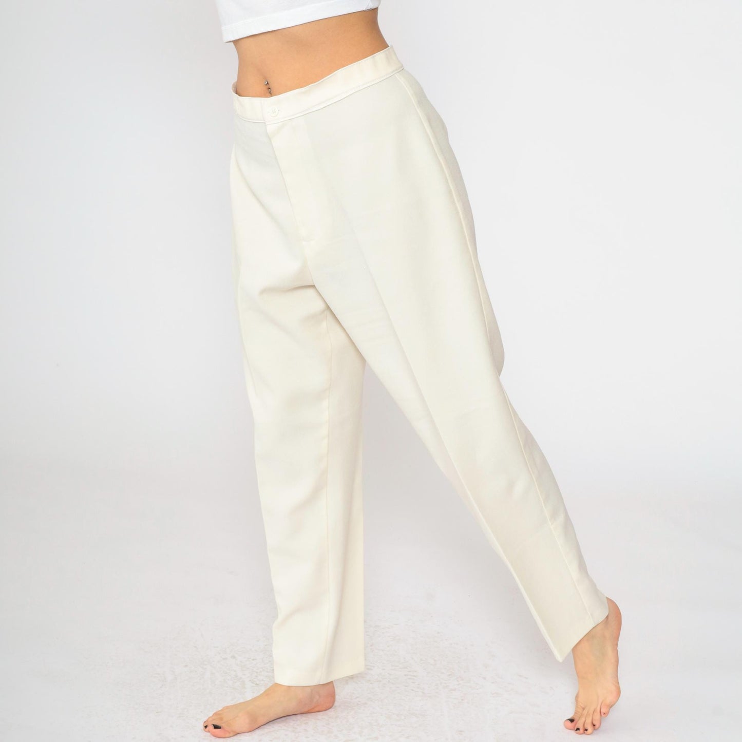 80s Ivory High-Waisted Straight Leg Trousers Tapered Medium