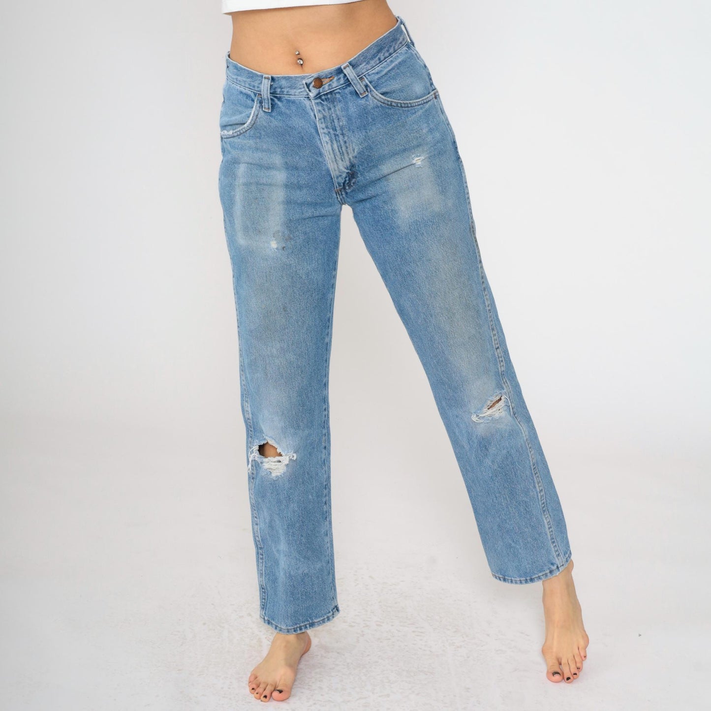 00s Rustler Faded Blue Straight Leg Jeans High Rise Ripped Small