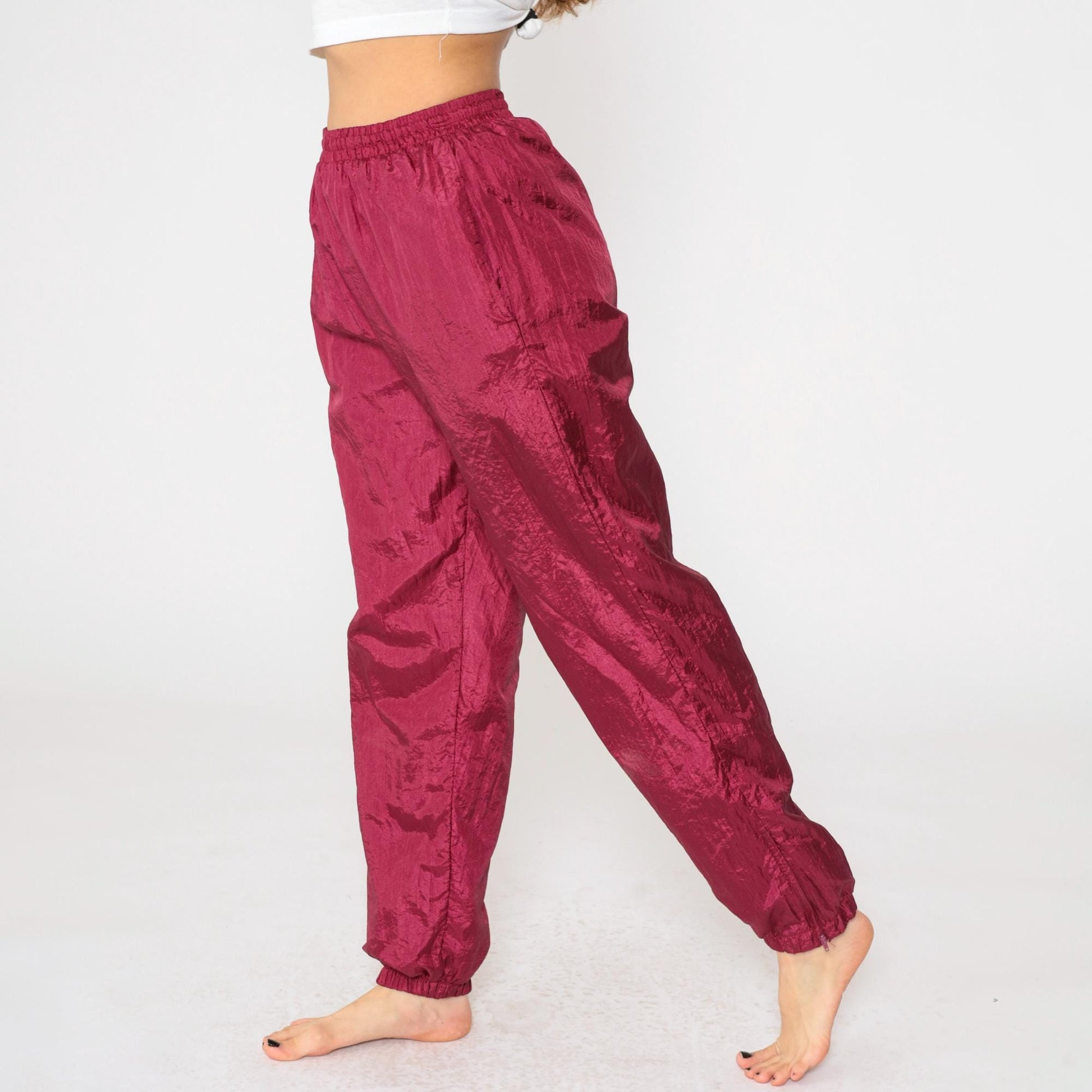 90s Burgundy Nylon Track Pants Drawstring Waist Small