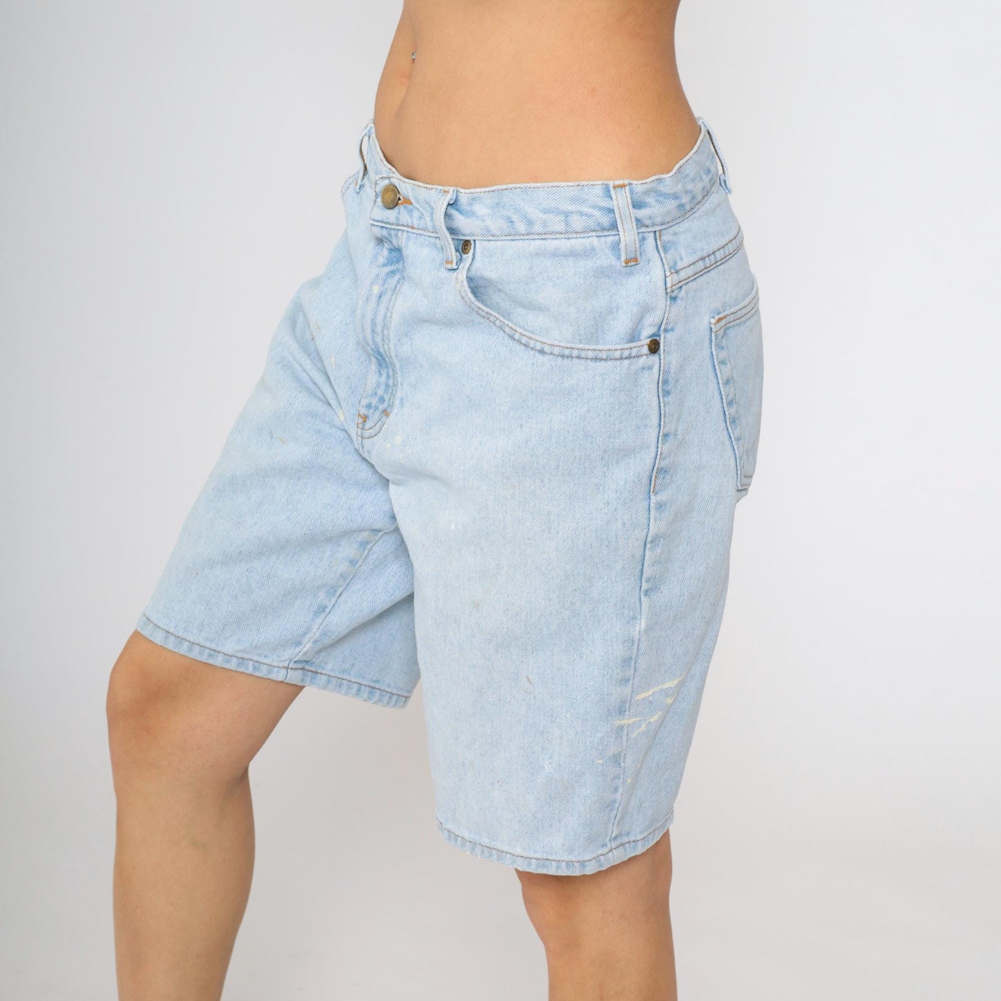 Y2K Eddie Bauer High-Waisted Denim Shorts Blue Paint Distressed Men's 34