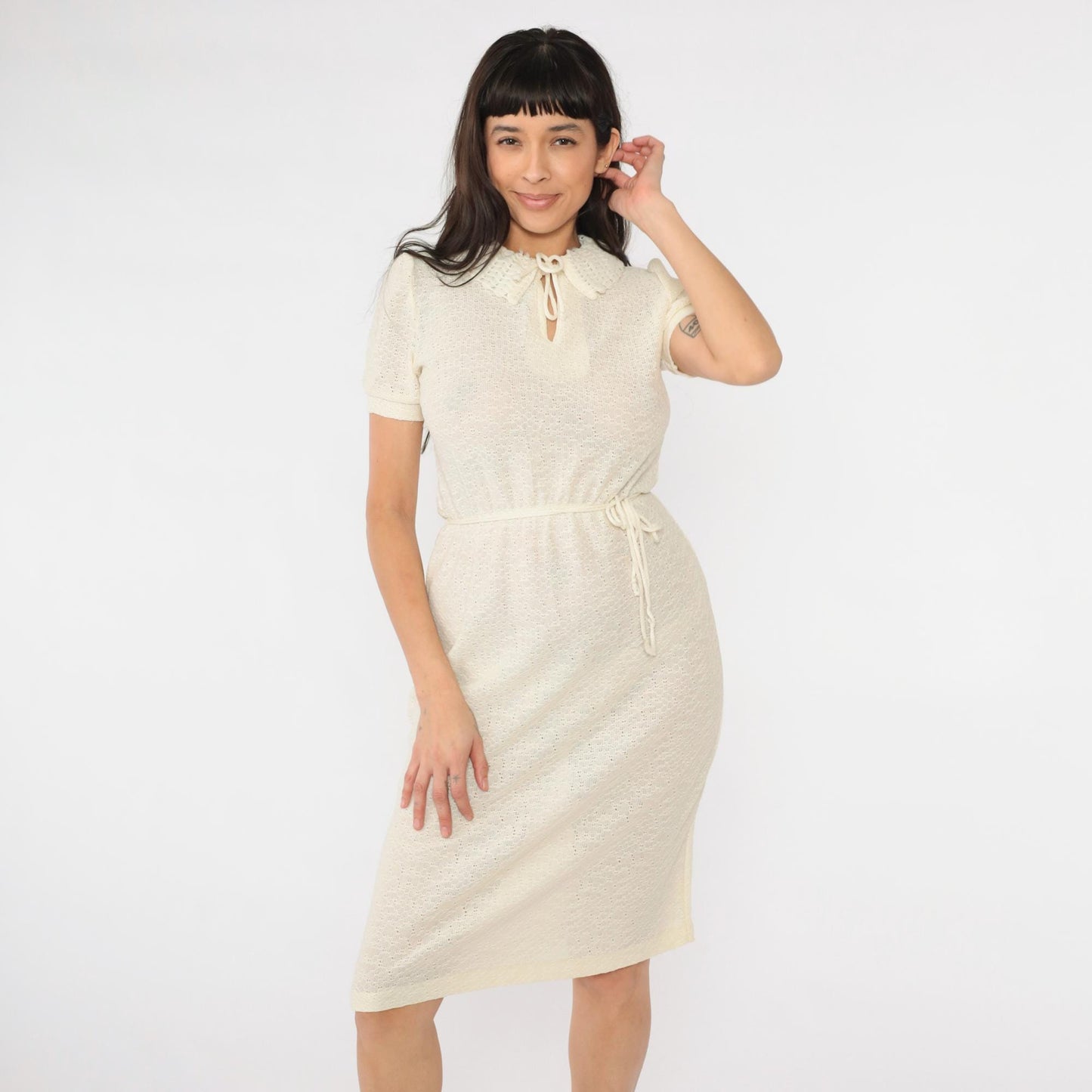 70s Sears Cream Knit Midi Dress Puff Sleeve Keyhole Neck Extra Small