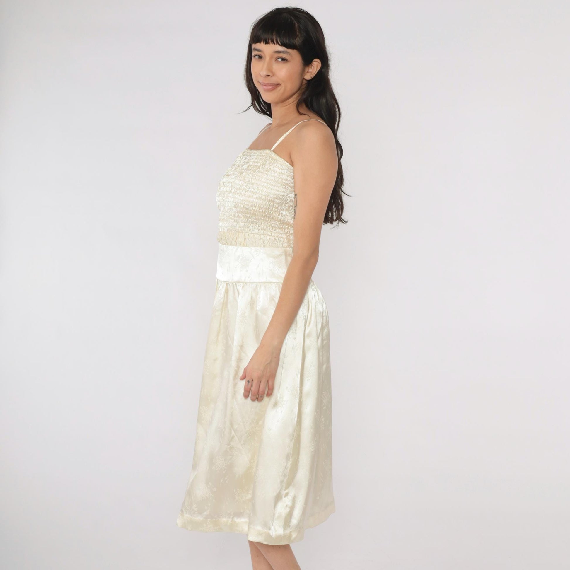 80s Ivory Satin Jacquard Midi Dress Ruched Bodice Spaghetti Strap Small