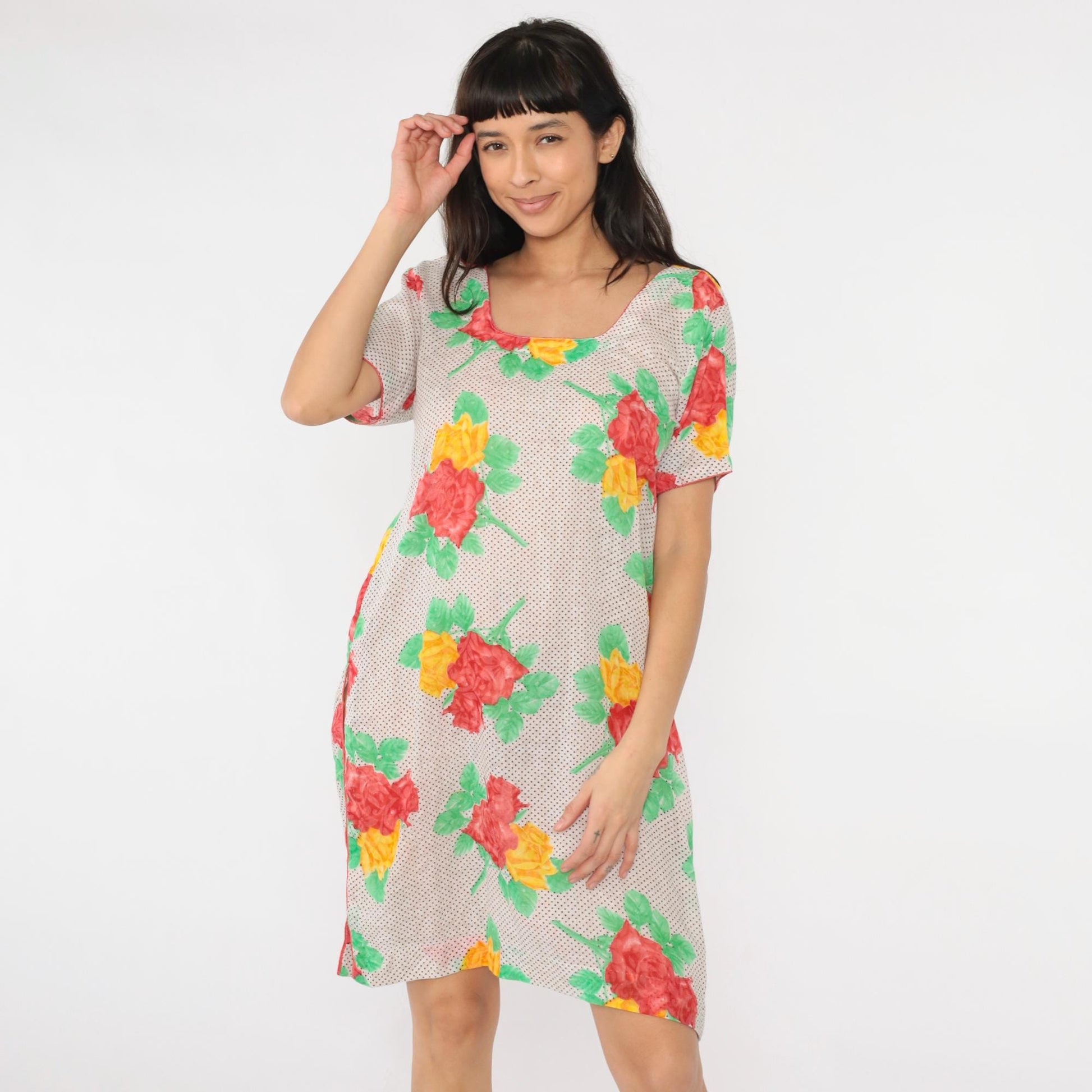 Y2K Polka Dot Floral Mini Dress Short Sleeve Shift Red Yellow Medium
