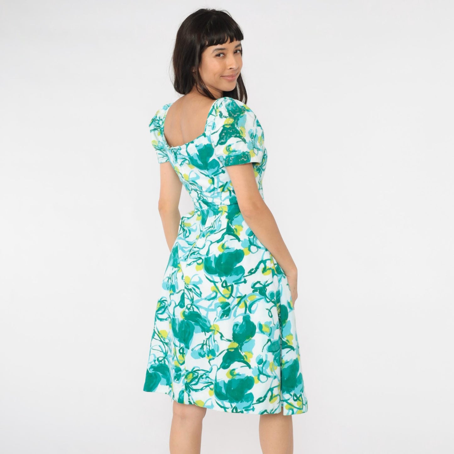 60s Green Abstract Floral Sequin Beaded Dress Sweetheart Puff Sleeve Small