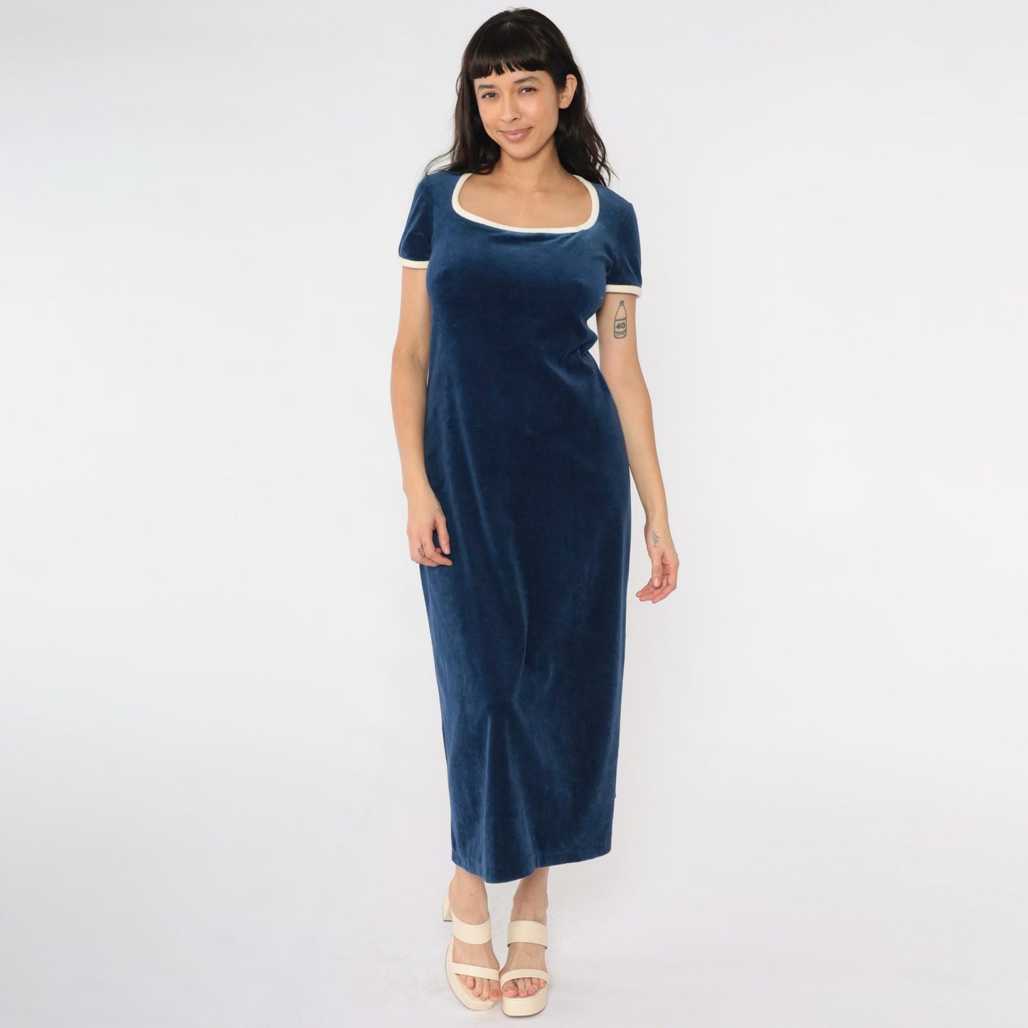 70s Navy Velour Maxi Lounge Dress Cream Trim Scoop Neck Medium M