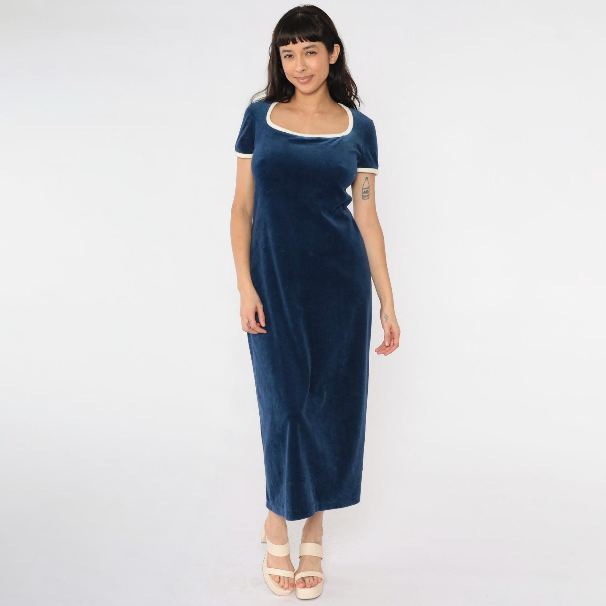 70s Navy Velour Maxi Lounge Dress Cream Trim Scoop Neck Medium M