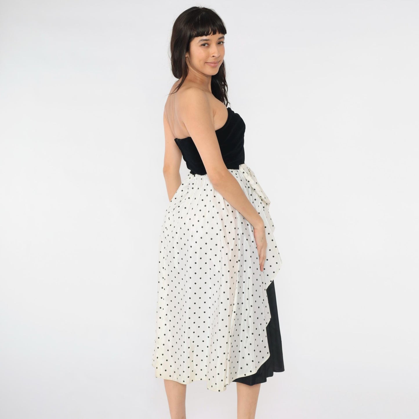 80s Yessica Strapless Velvet Polka Dot Midi Dress Sweetheart Neckline Black White Bow Extra Small