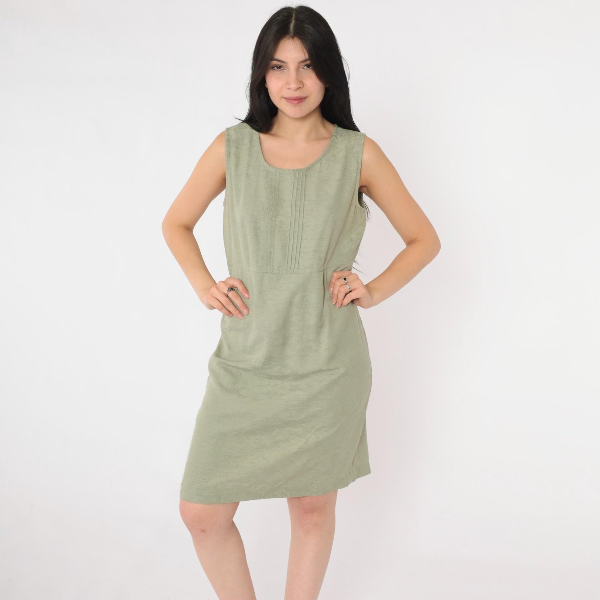 90s Karin Stevens Floral Jacquard Mini Dress Olive Green Sleeveless Small