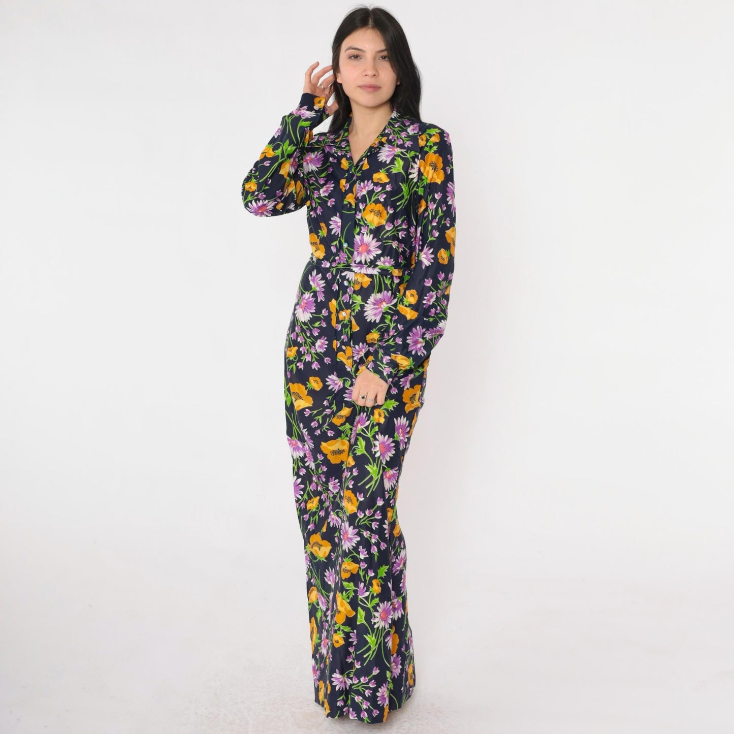 70s Lane Bryant Navy Floral Maxi Shirt Dress Dagger Collar Belt Small