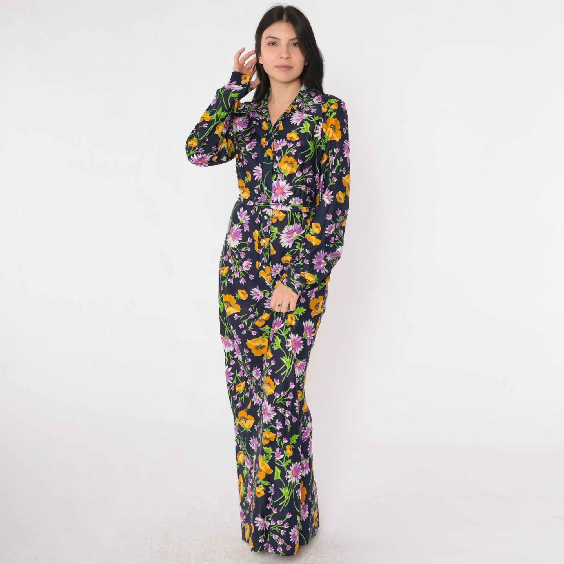 70s Lane Bryant Navy Floral Maxi Shirt Dress Dagger Collar Belt Small