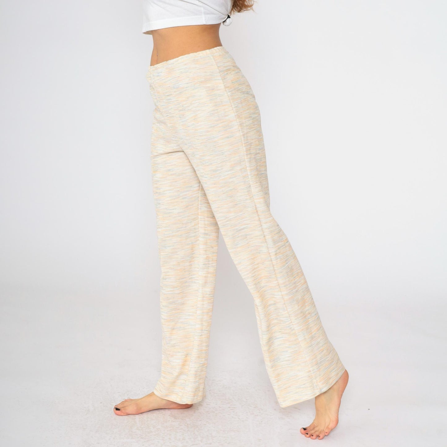 70s Flared Trousers High Waist Pull On Heathered Peach Orange Teal Small