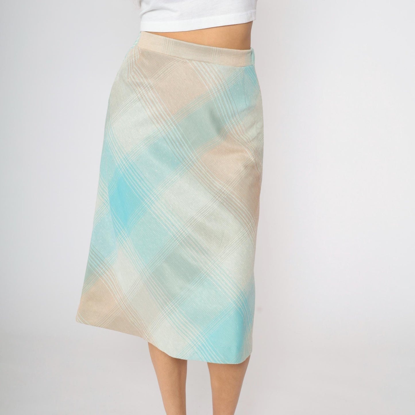 70s Plaid Midi Skirt High Waisted Turquoise Tan Peach Tartan Small XS