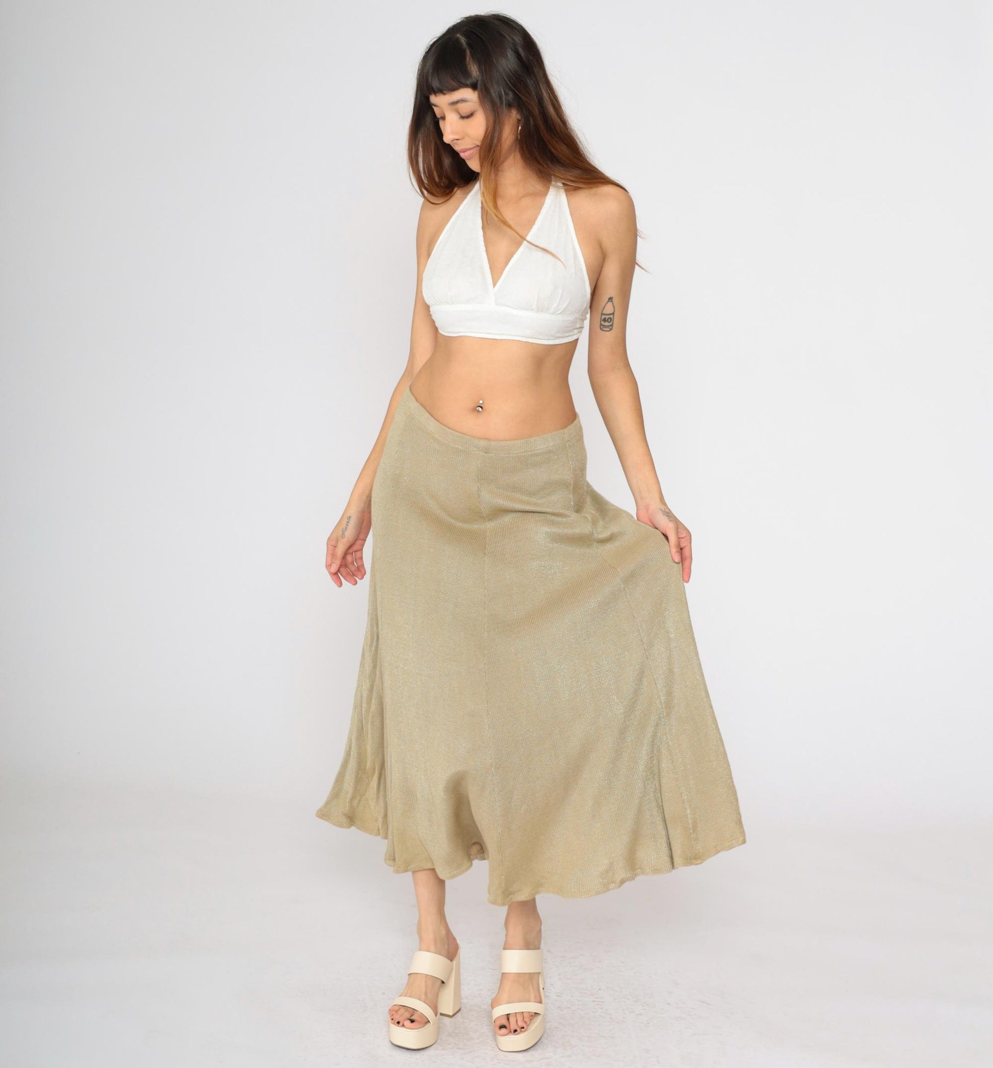 80s Tan Knit Midi Skirt High Waist Elastic Flared Small