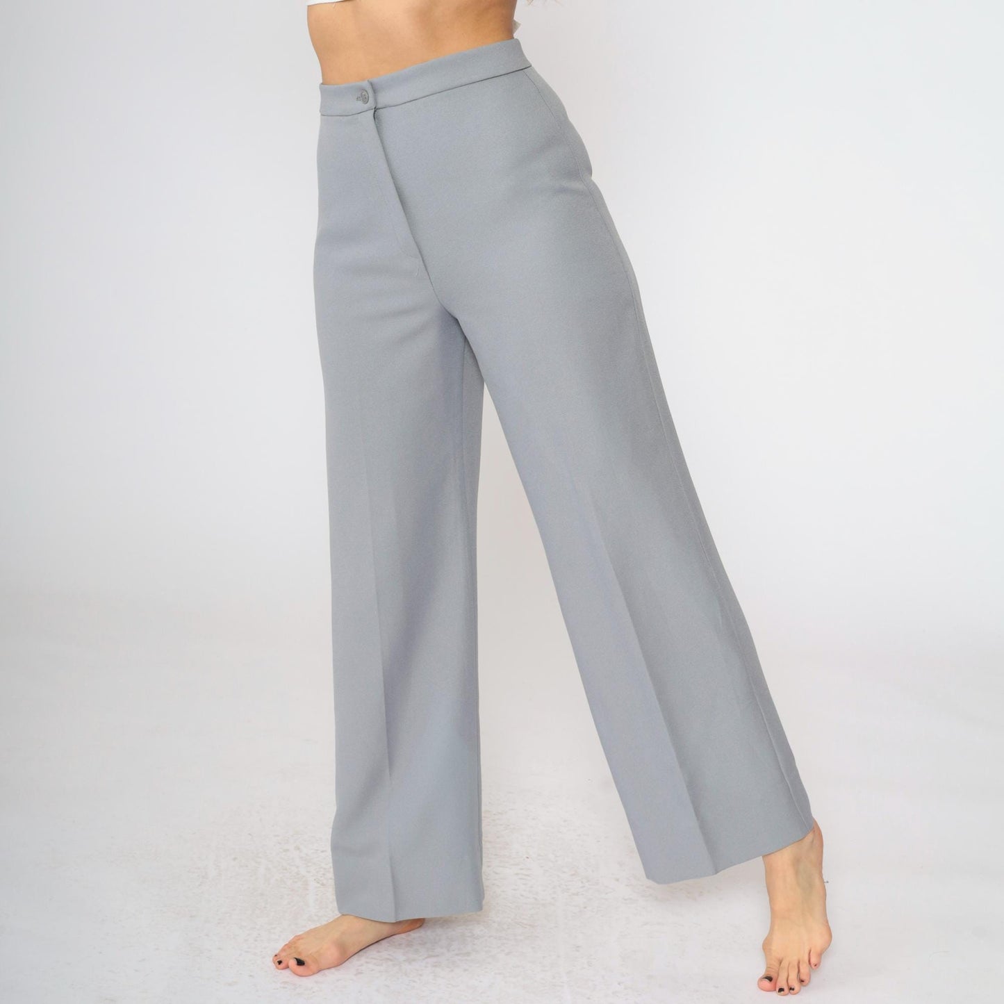 70s Grey Polyester High-Waist Wide-Leg Trousers Small S
