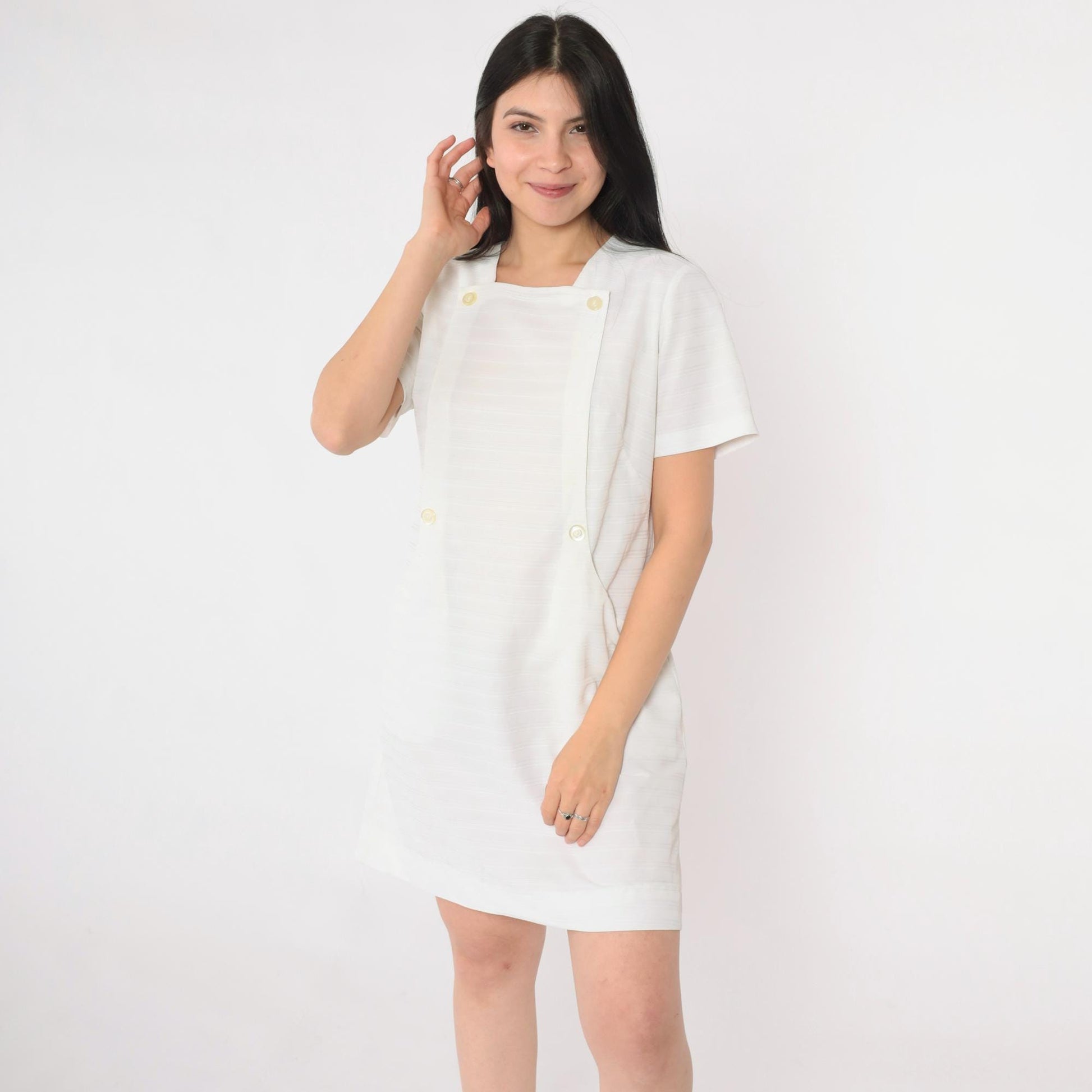 60s White Nurse Shift Dress Mini Button-Front Short Sleeve Small