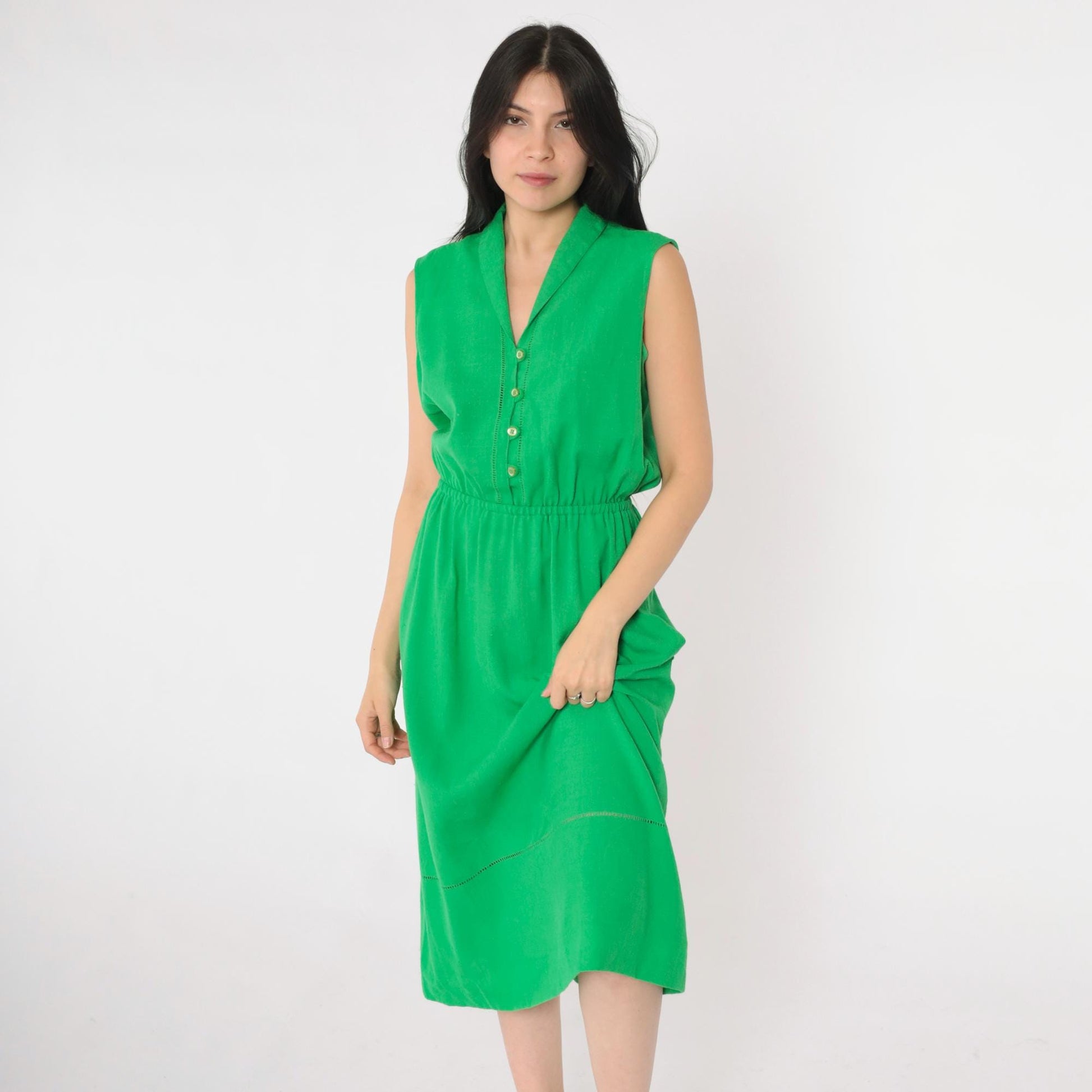 80s Green Linen Midi Dress Collared Button-Up Eyelet Cutwork Small