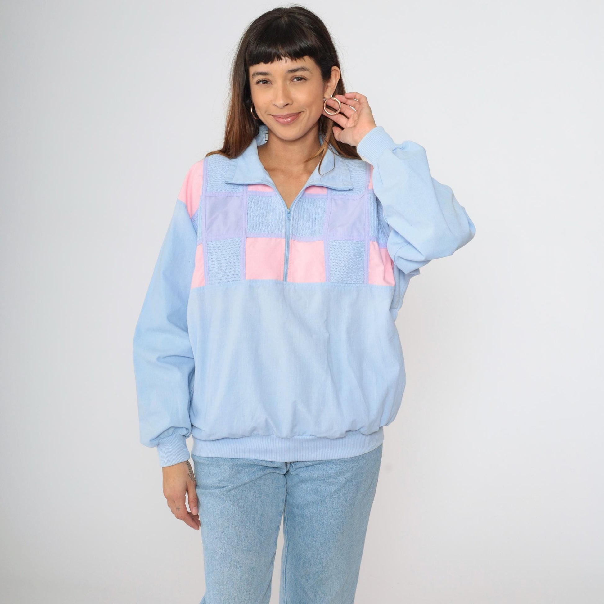 80s Cavalier Colorblock Quarter Zip Pullover Pink Lilac Blue Knit Medium Large