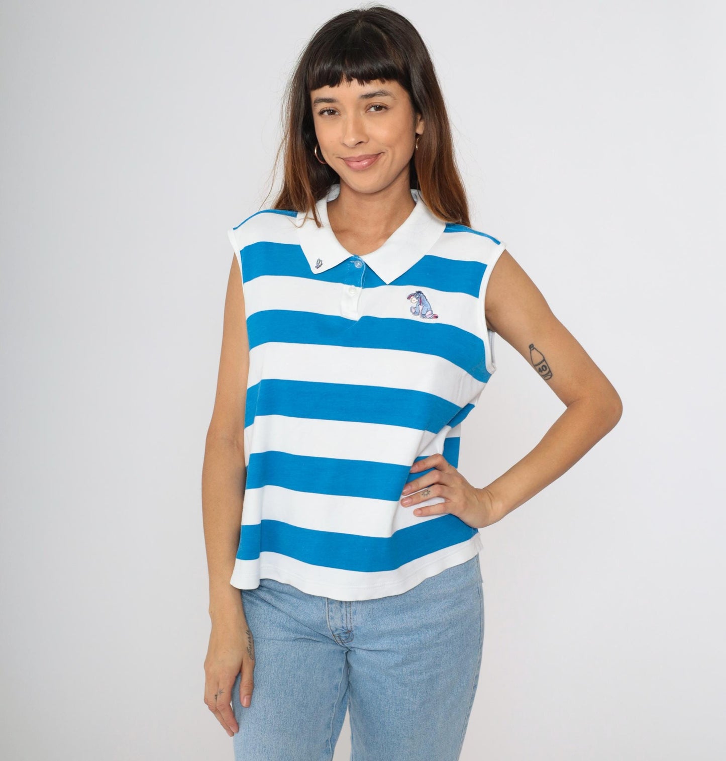 Disney Eeyore Polo Tank Top Blue Striped Embroidered Cotton Extra Large