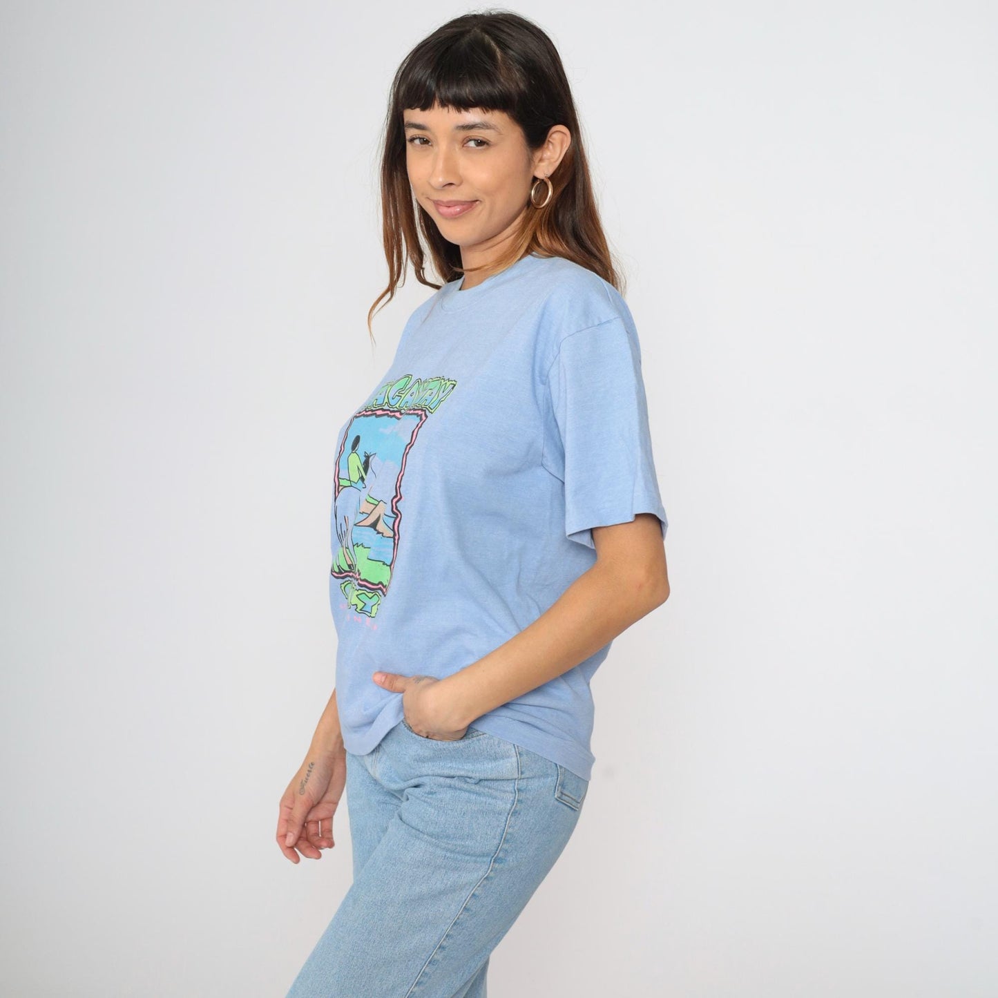 Y2K Tagaytay Philippines Neon Graphic Horse T-Shirt Blue Tee Medium